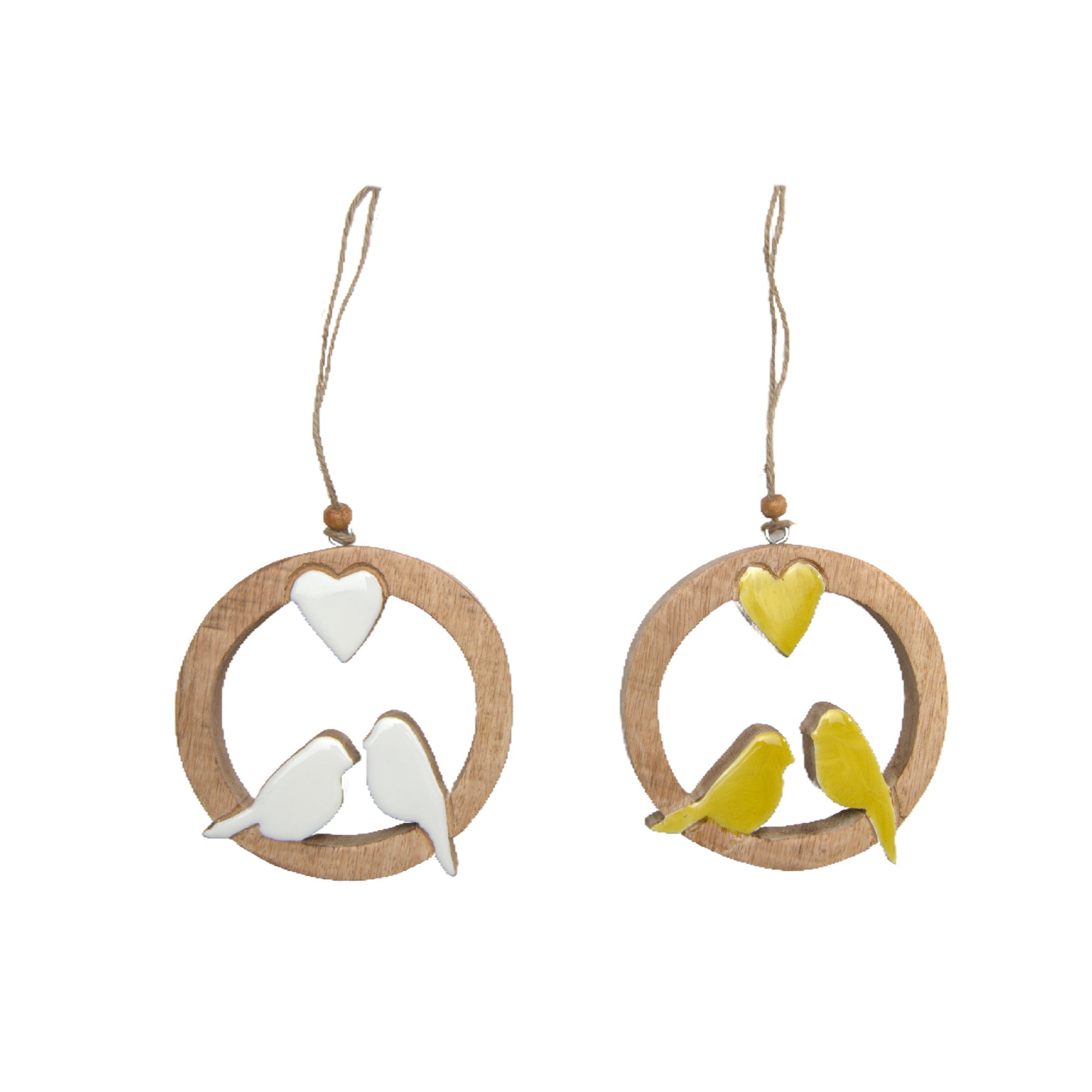 Assorted Mango Wood Round Frame Wall Hanging Décor Featuring Birds - Set of 2