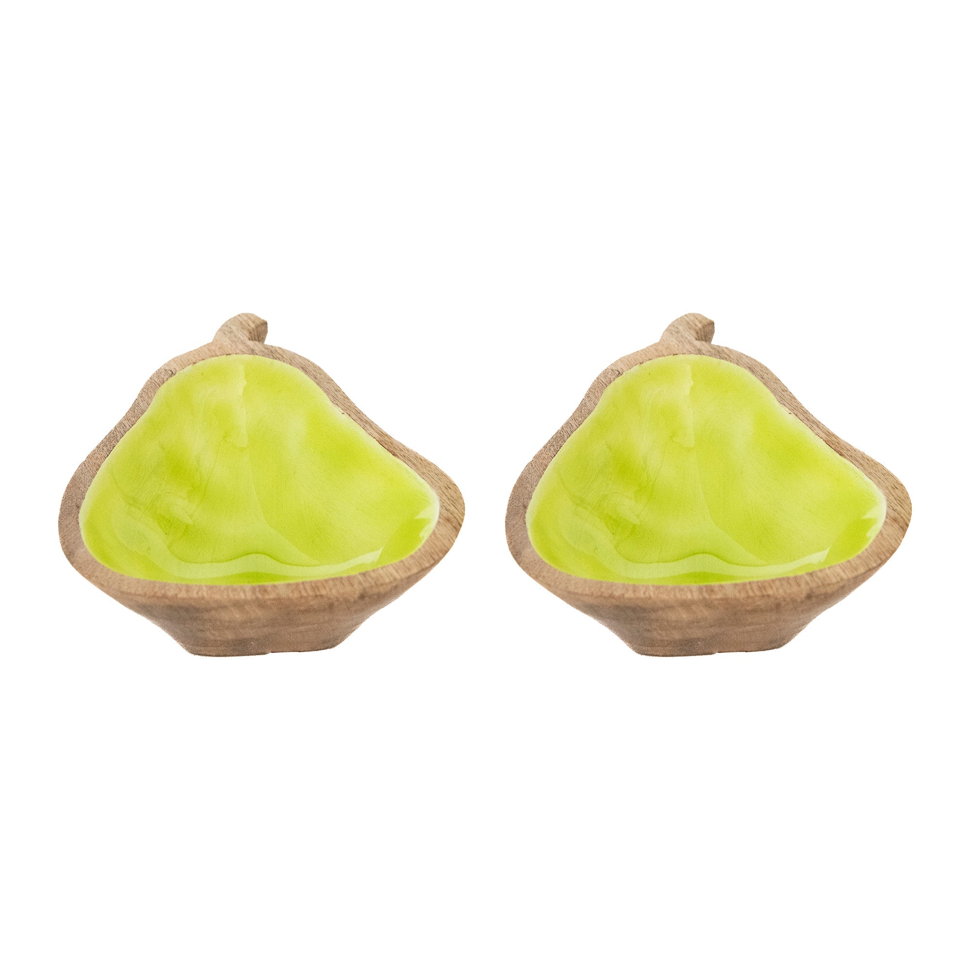 Green Enamel-Coated Mango Wood Pear-Shaped Decorative Bowl - Set of 2