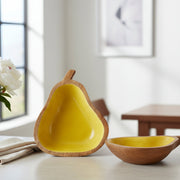 Yellow Enamel-Coated Mango Wood Pear-Shaped Decorative Bowl - Set of 2