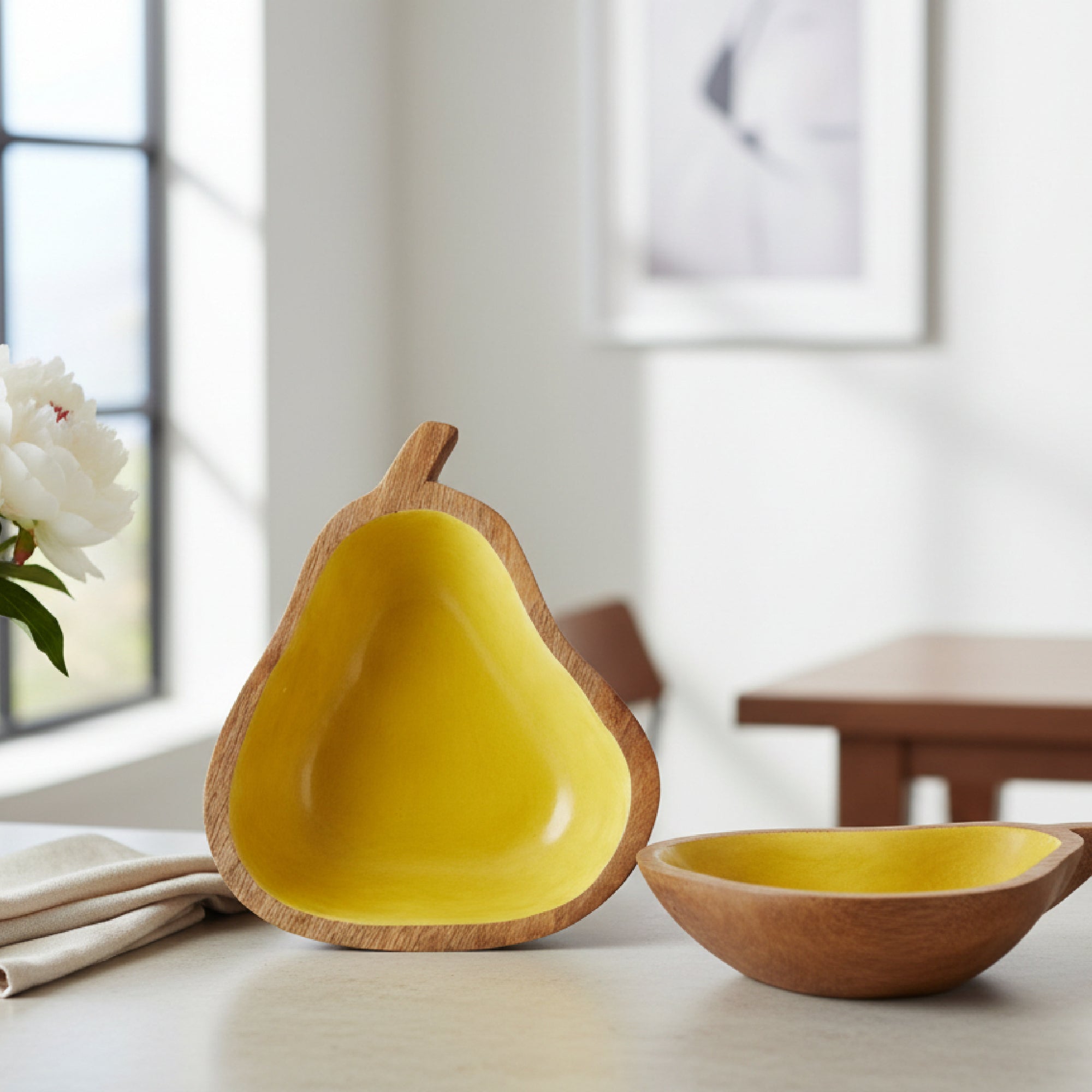 Yellow Enamel-Coated Mango Wood Pear-Shaped Decorative Bowl - Set of 2