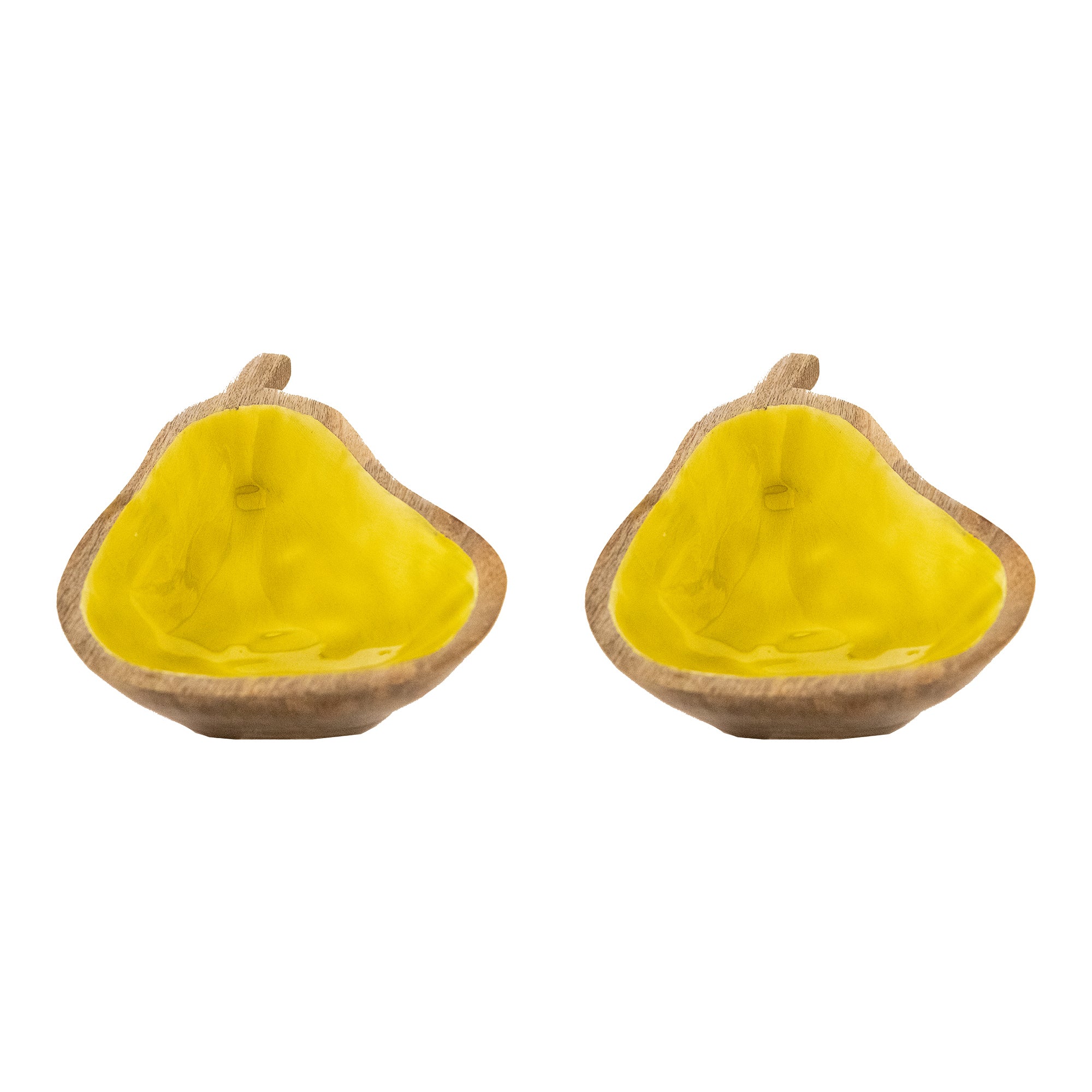 Yellow Enamel-Coated Mango Wood Pear-Shaped Decorative Bowl - Set of 2