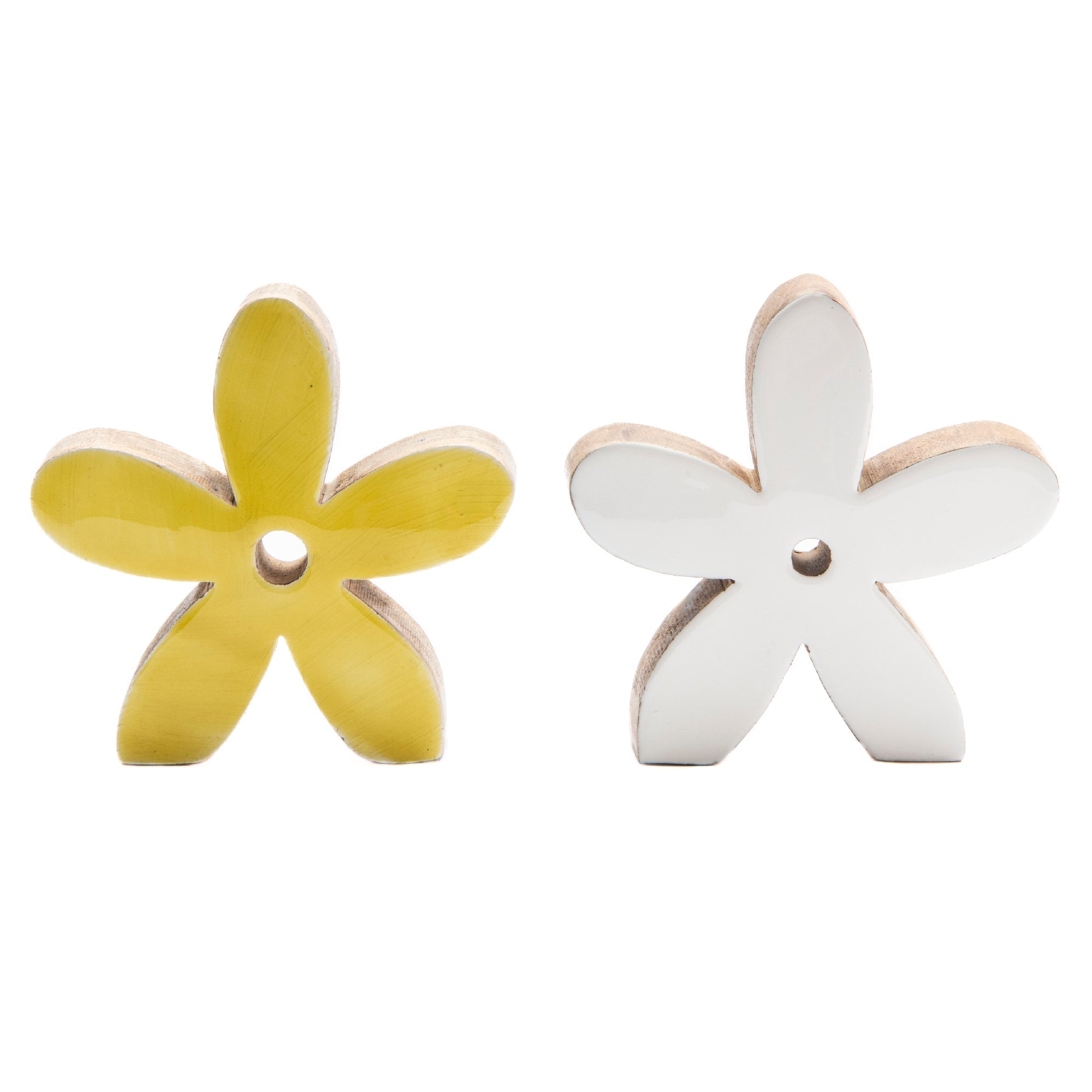 Assorted Mango Wood Enamel-Coated Flower Figurines for Tabletop Décor - Set of 2