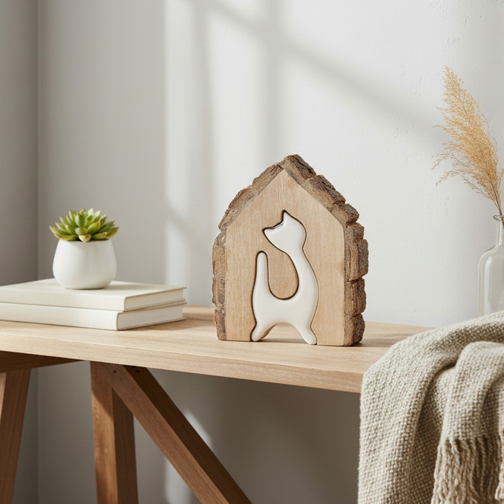 Mango Wood Décor Featuring Enamel-Coated Cat Insert Accent - Set of 2