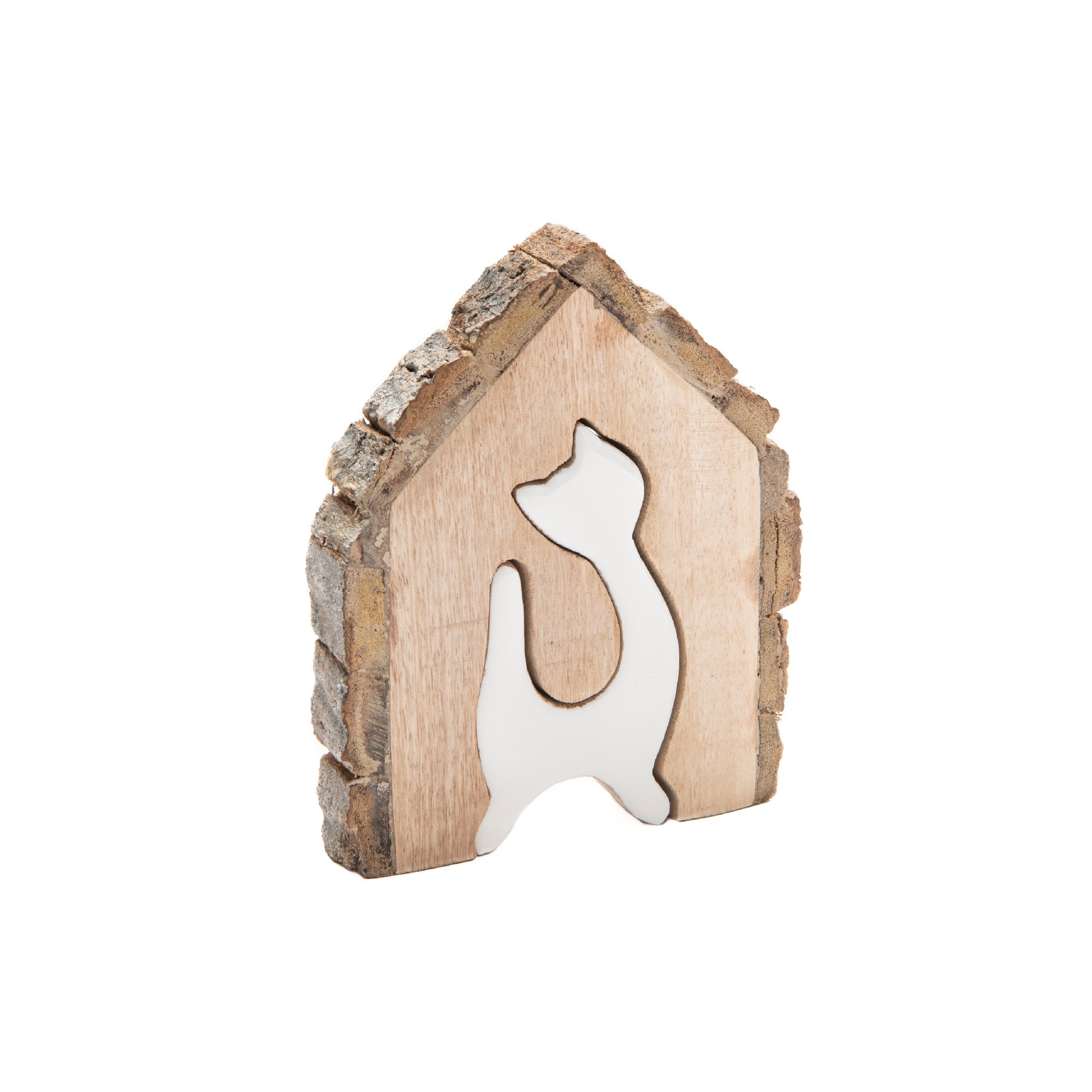 Mango Wood Décor Featuring Enamel-Coated Cat Insert Accent - Set of 2
