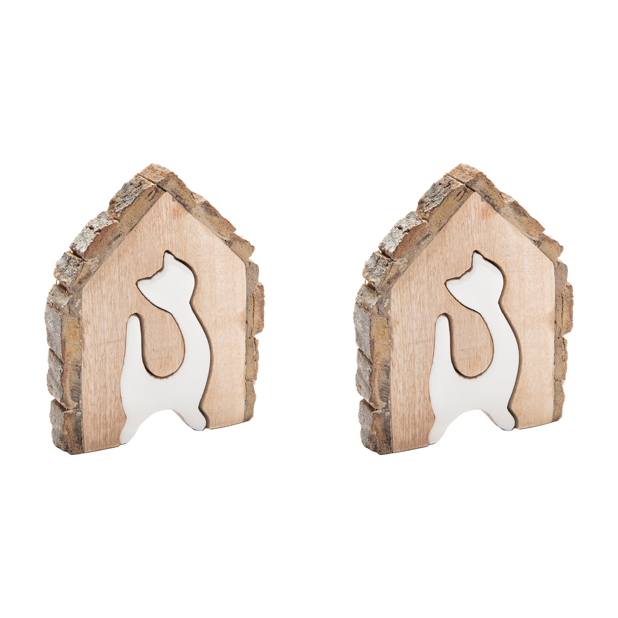 Mango Wood Décor Featuring Enamel-Coated Cat Insert Accent - Set of 2