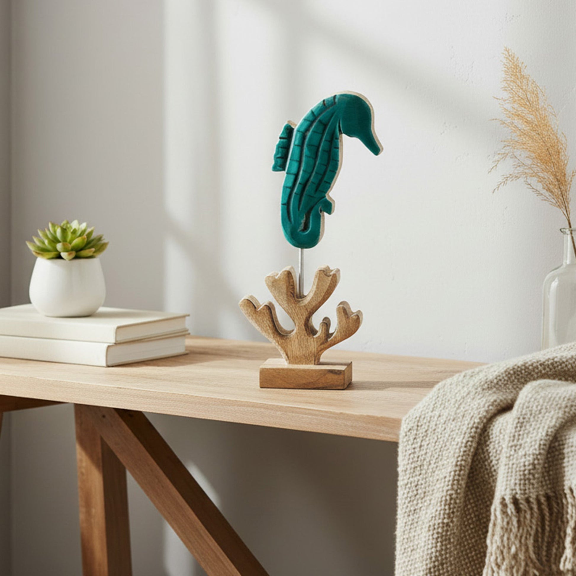 Turquoise Enamel-Coated Mango Wood Seahorse Figurine for Beach-Themed Décor - Set of 2