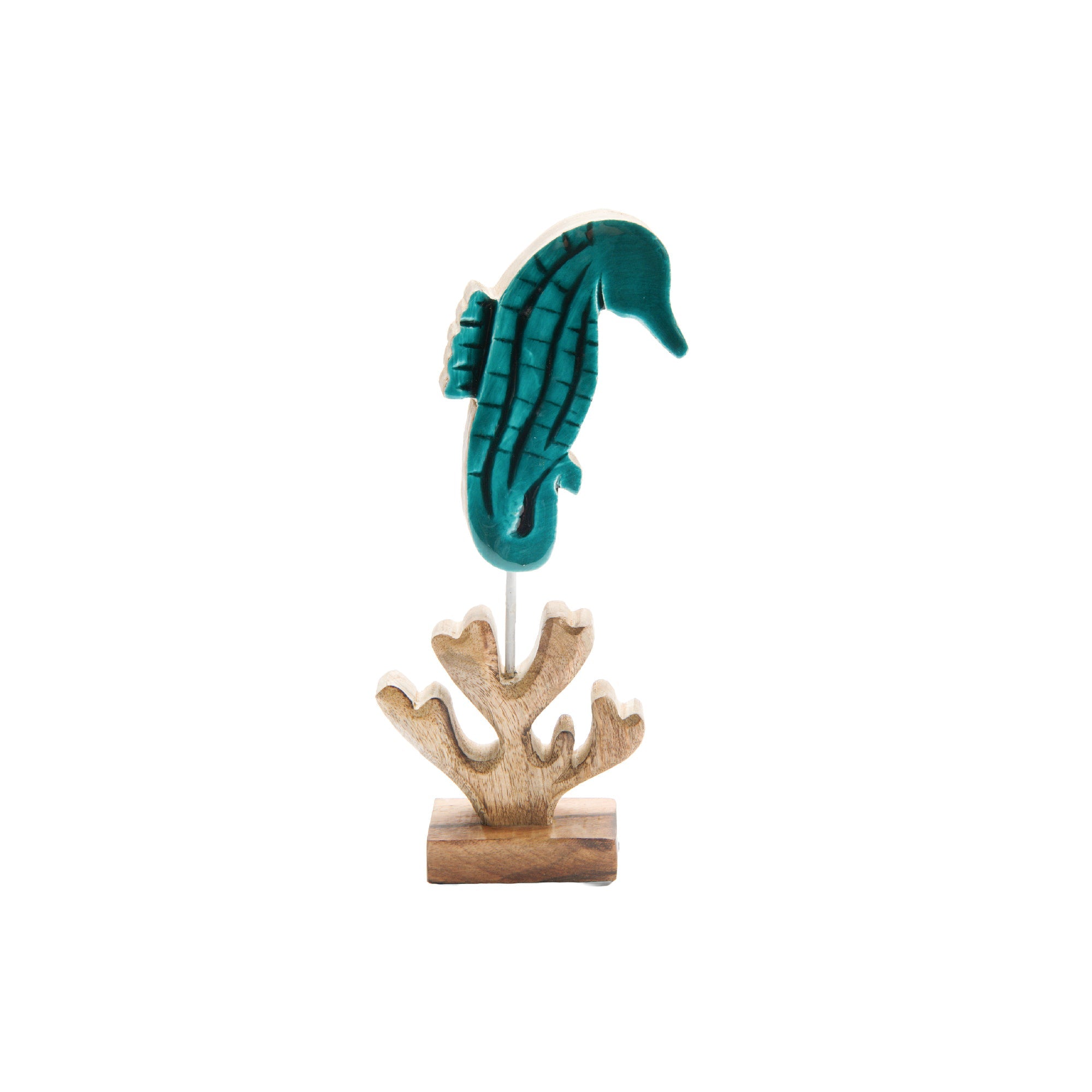 Turquoise Enamel-Coated Mango Wood Seahorse Figurine for Beach-Themed Décor - Set of 2