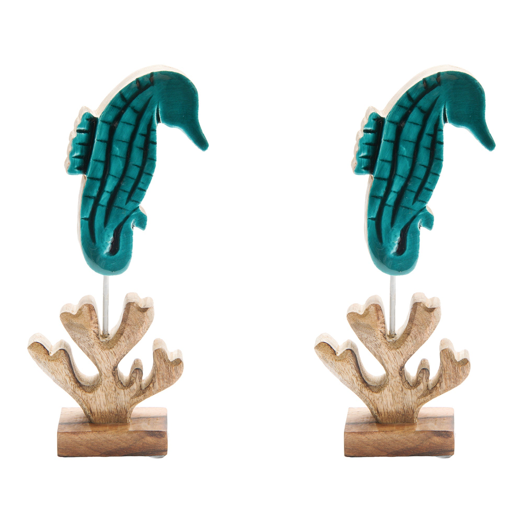Turquoise Enamel-Coated Mango Wood Seahorse Figurine for Beach-Themed Décor - Set of 2