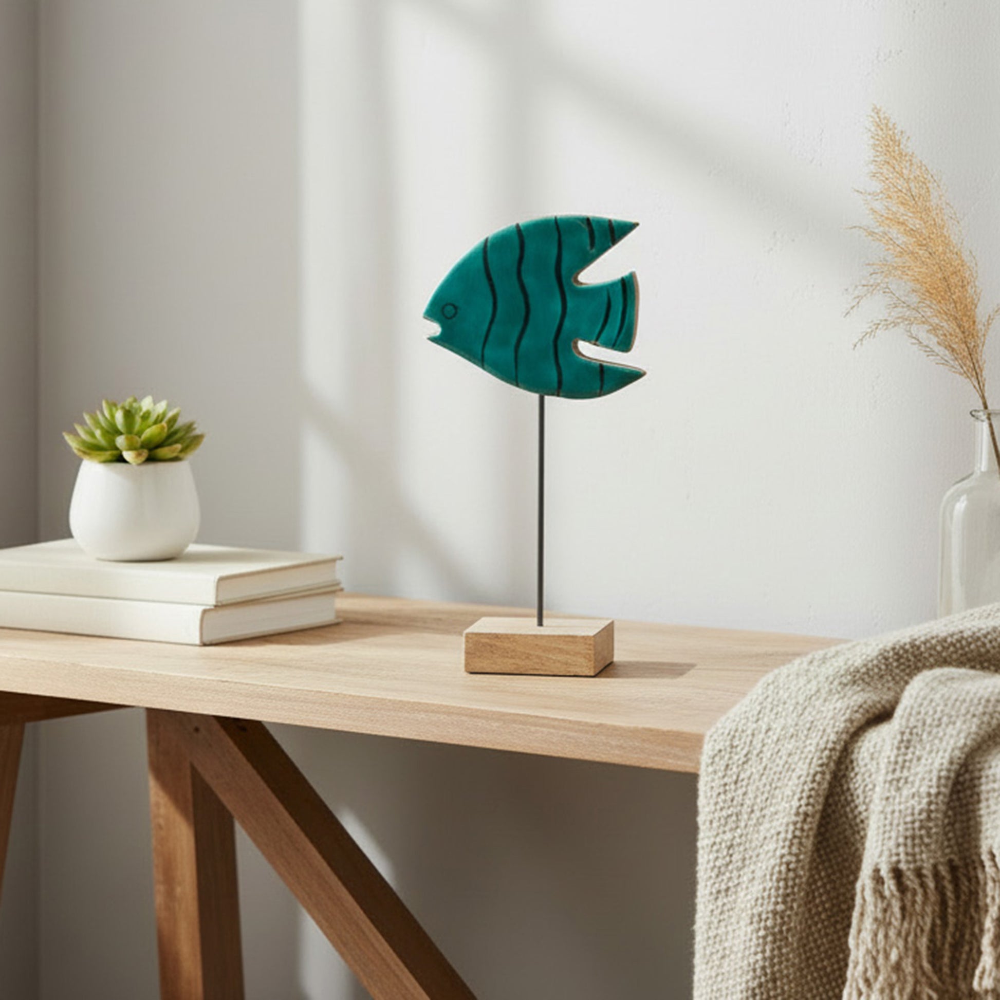 Turquoise Enamel-Coated Mango Wood Angel Fish Decorative Accent - Set of 2