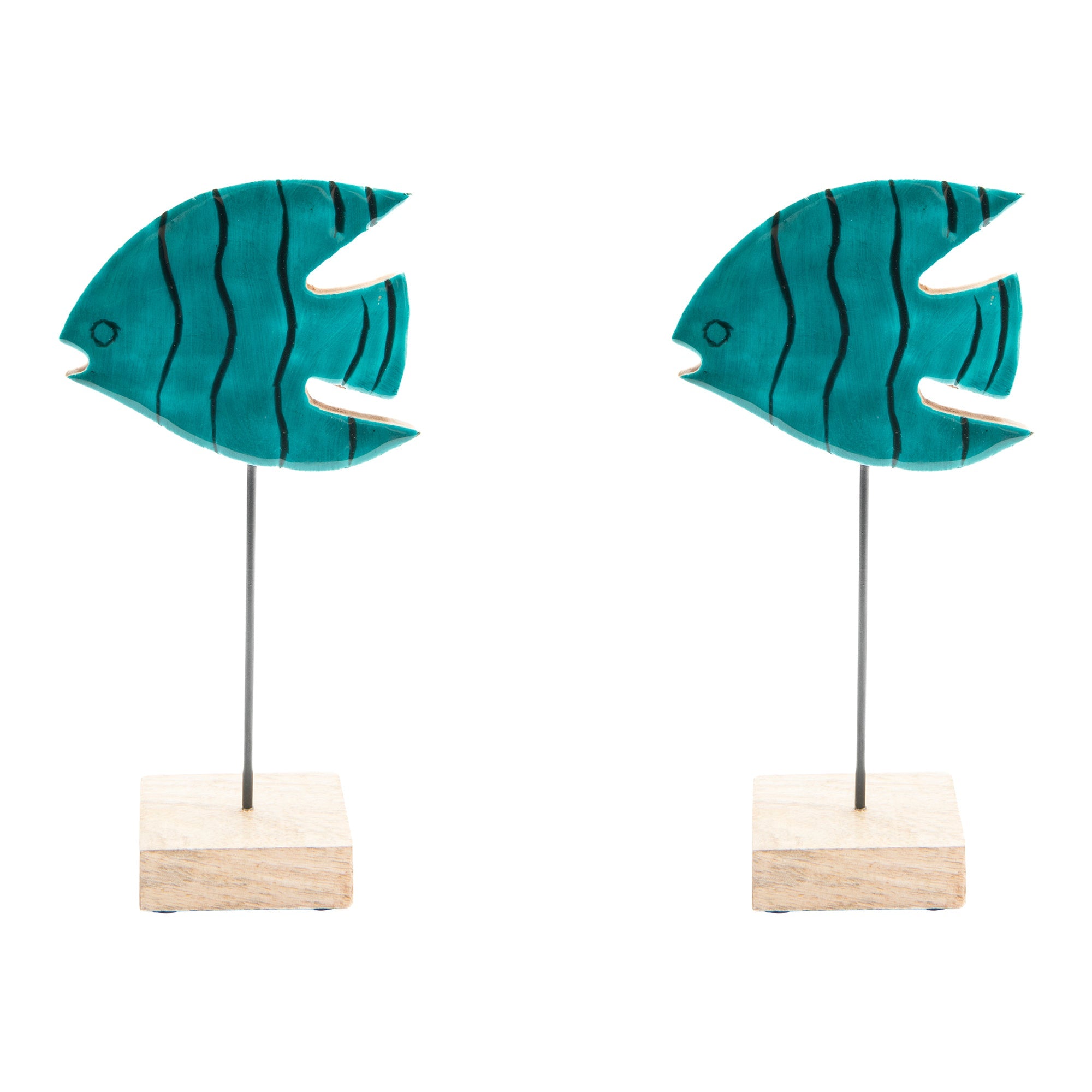 Turquoise Enamel-Coated Mango Wood Angel Fish Decorative Accent - Set of 2