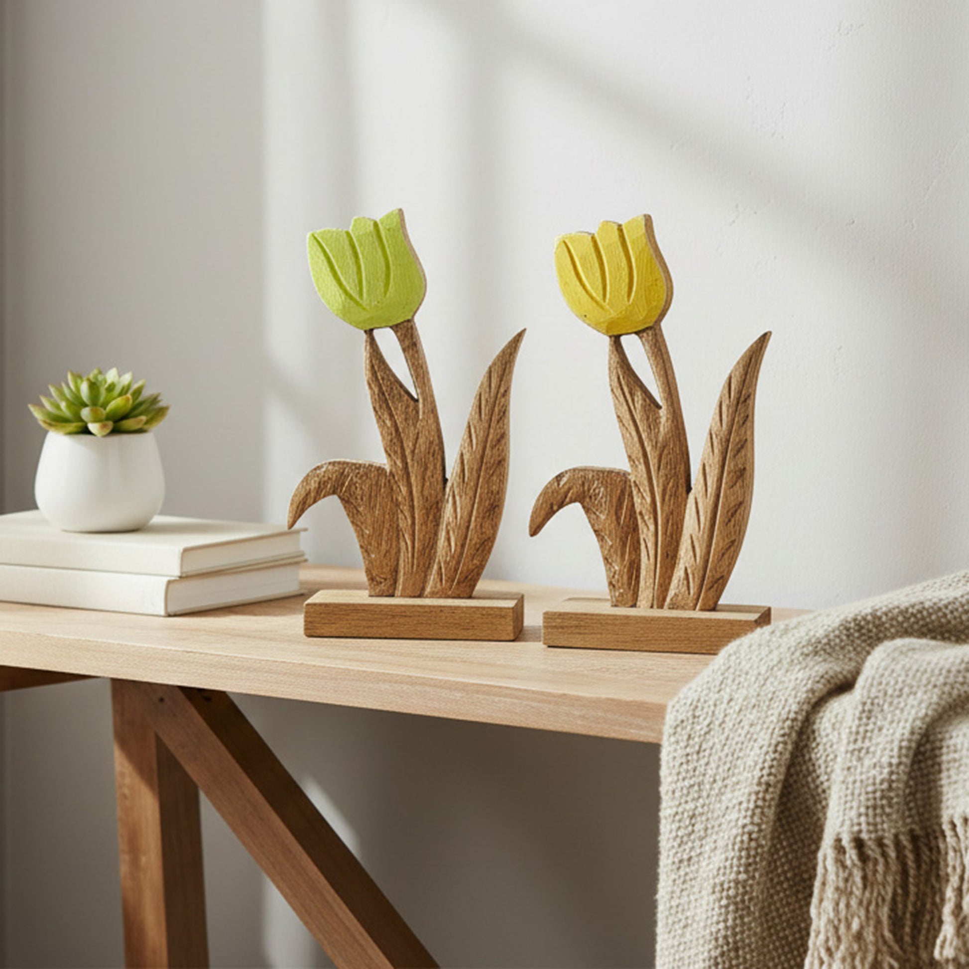 Assorted Mango Wood Décor with Enamel-Coated Tulip Flower Accents - Set of 2