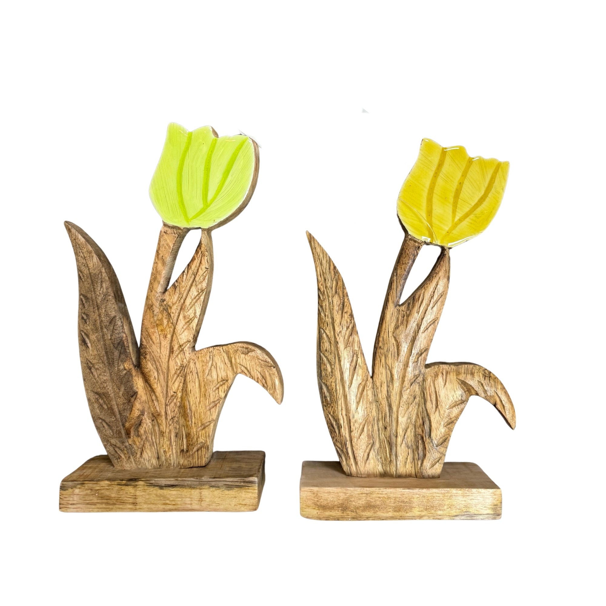 Assorted Mango Wood Décor with Enamel-Coated Tulip Flower Accents - Set of 2