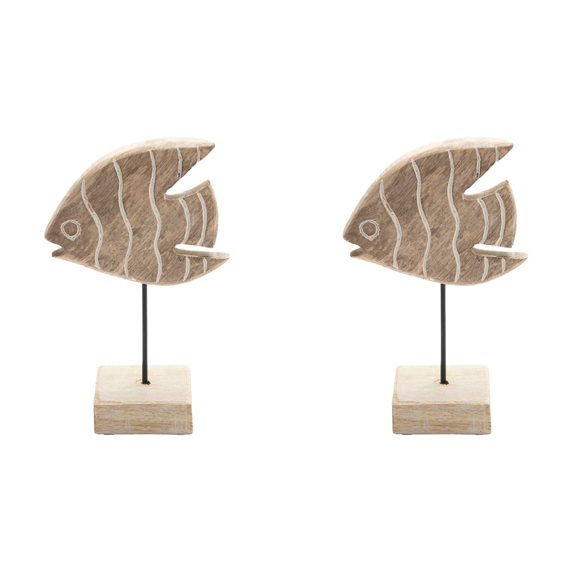 Mango Wood Angel Fish Figurine on Stand for Shelf or Table Décor - Set of 4