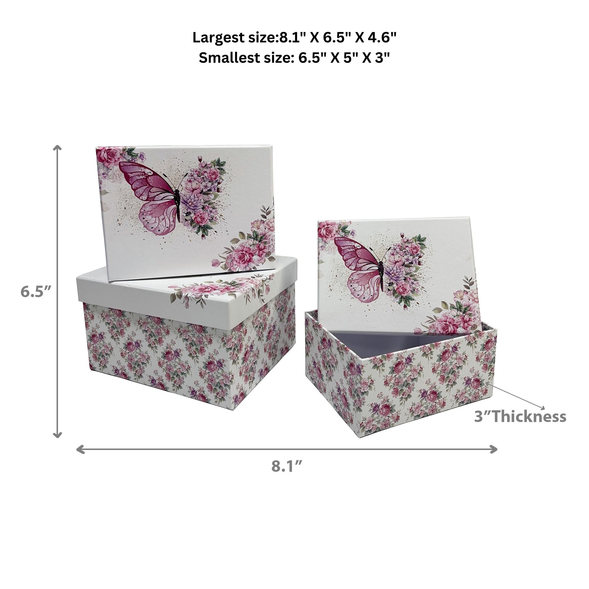 Butterfly and Floral Rectangle Nesting Storage Boxes with Lids Set of 3 Decorative Gift Boxes