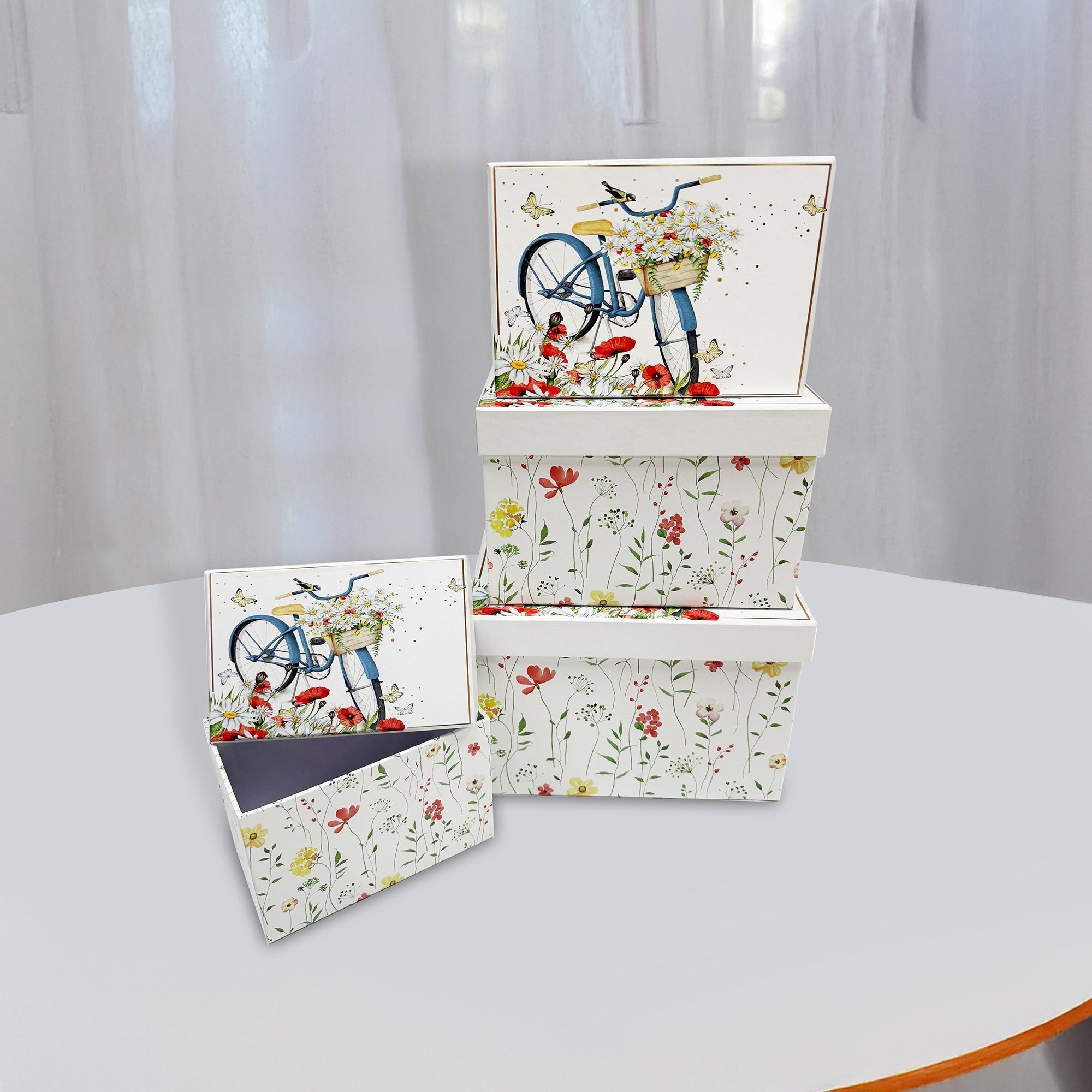 Bicycle and Floral Rectangle Nesting Storage Boxes with Lids Set of 4 Decorative Gift Organizer