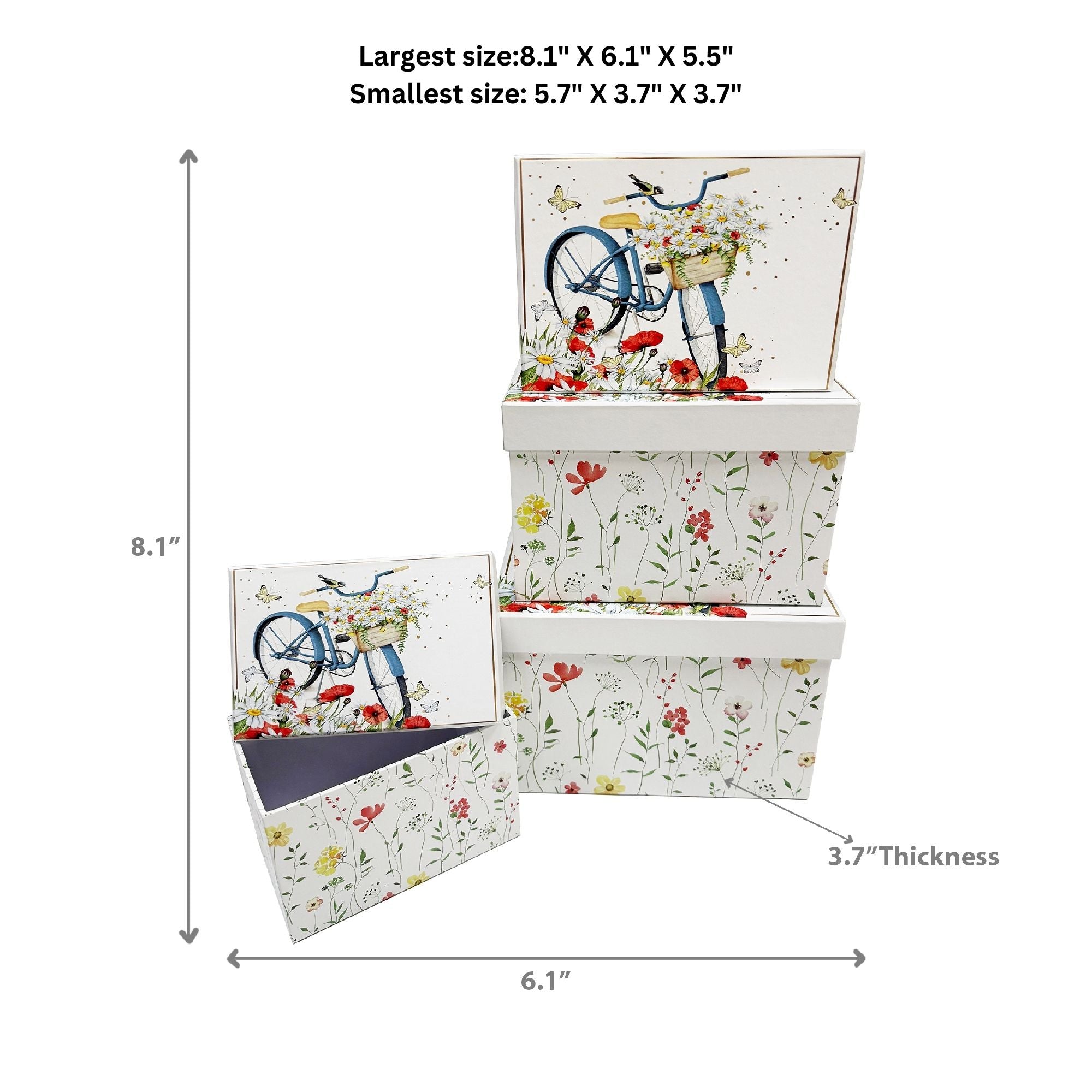 Bicycle and Floral Rectangle Nesting Storage Boxes with Lids Set of 4 Decorative Gift Organizer
