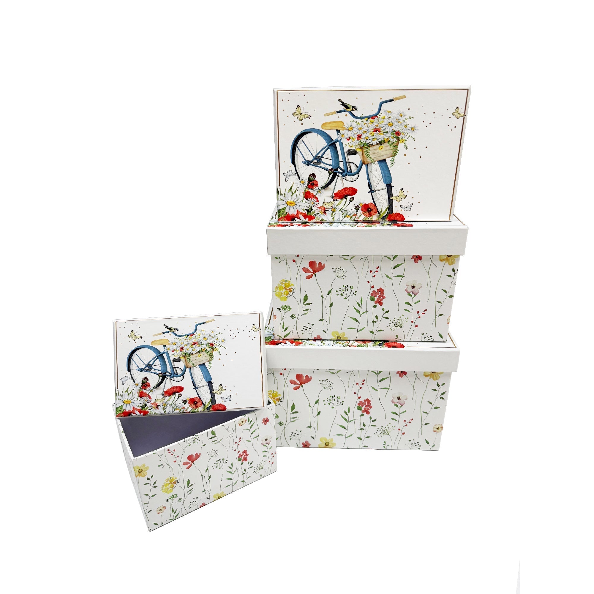 Bicycle and Floral Rectangle Nesting Storage Boxes with Lids Set of 4 Decorative Gift Organizer