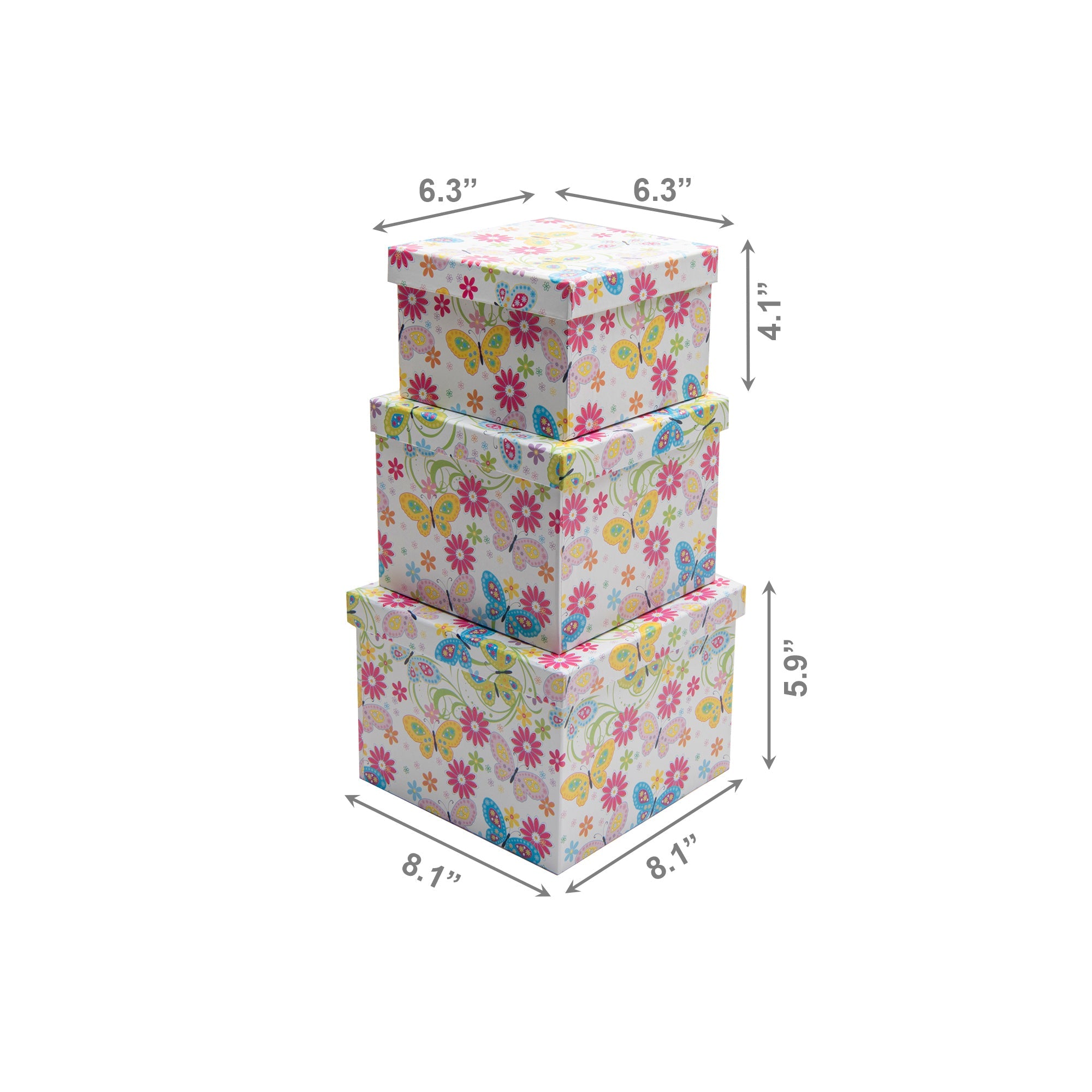 Set of 3 Square Nesting Storage Boxes with Butterfly and Floral Prints