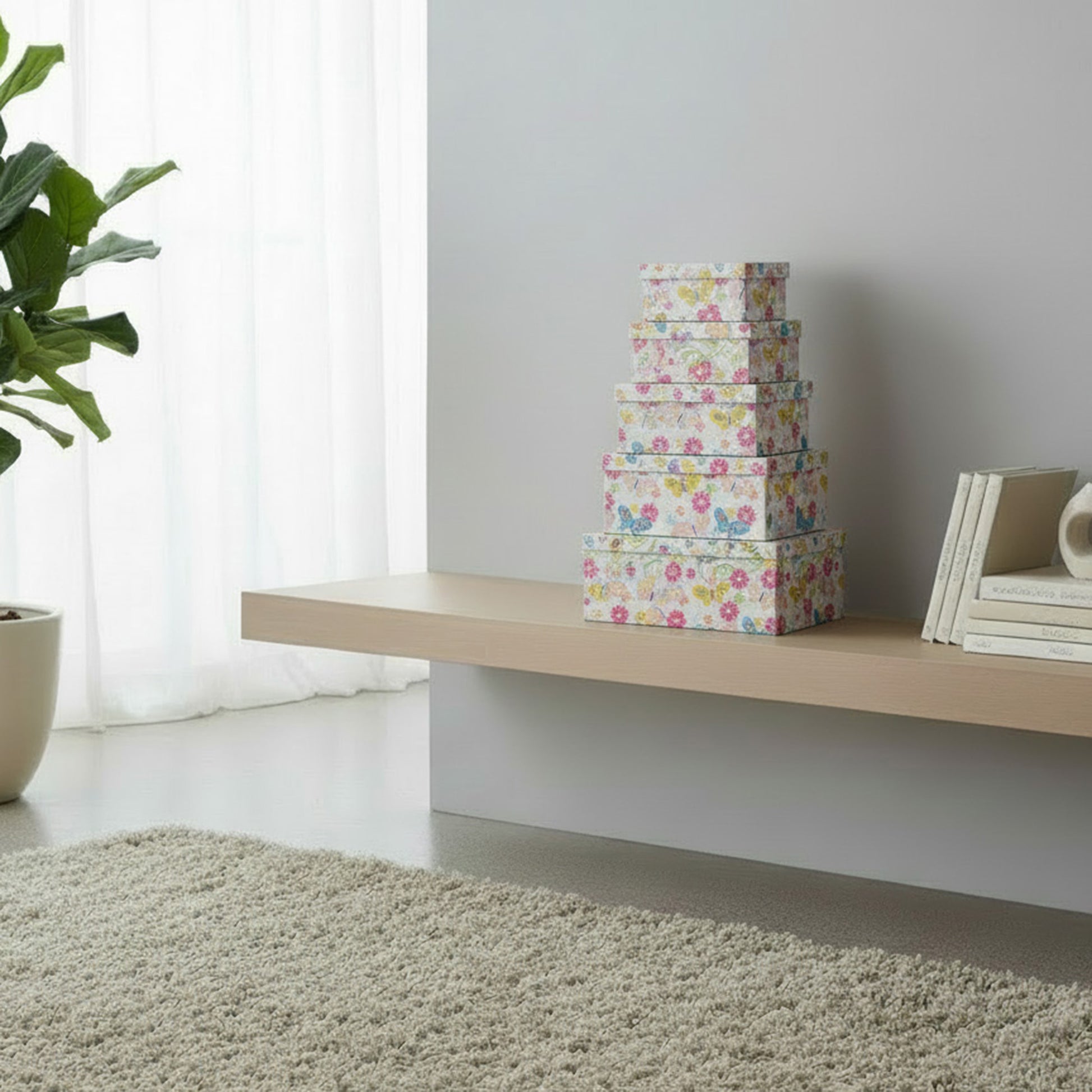 Set of 3 Square Nesting Storage Boxes with Butterfly and Floral Prints