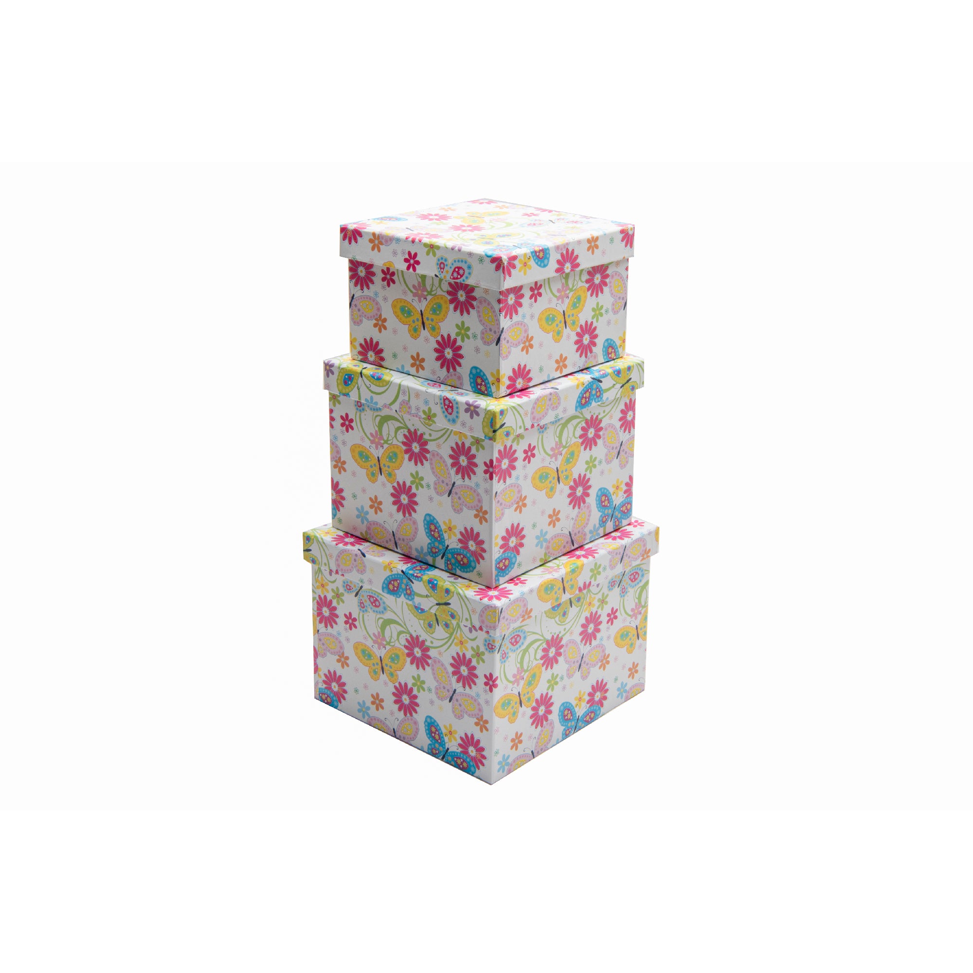 Set of 3 Square Nesting Storage Boxes with Butterfly and Floral Prints