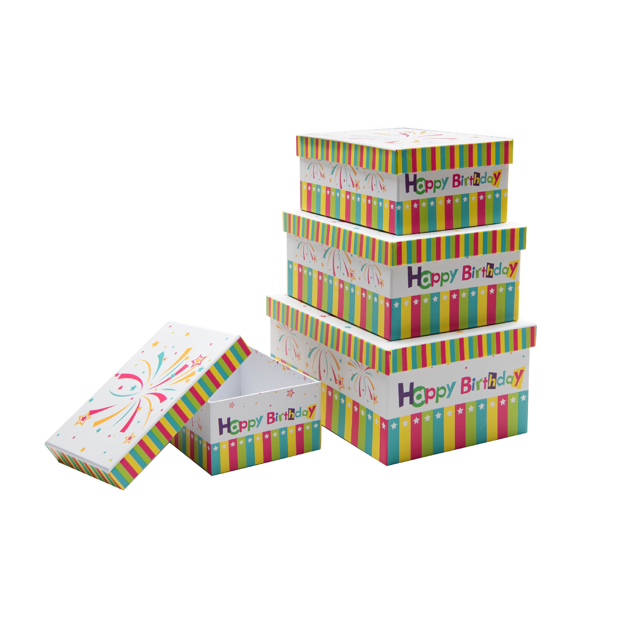 Set of 4 Rectangular Nesting Boxes with Happy Birthday Celebration Design