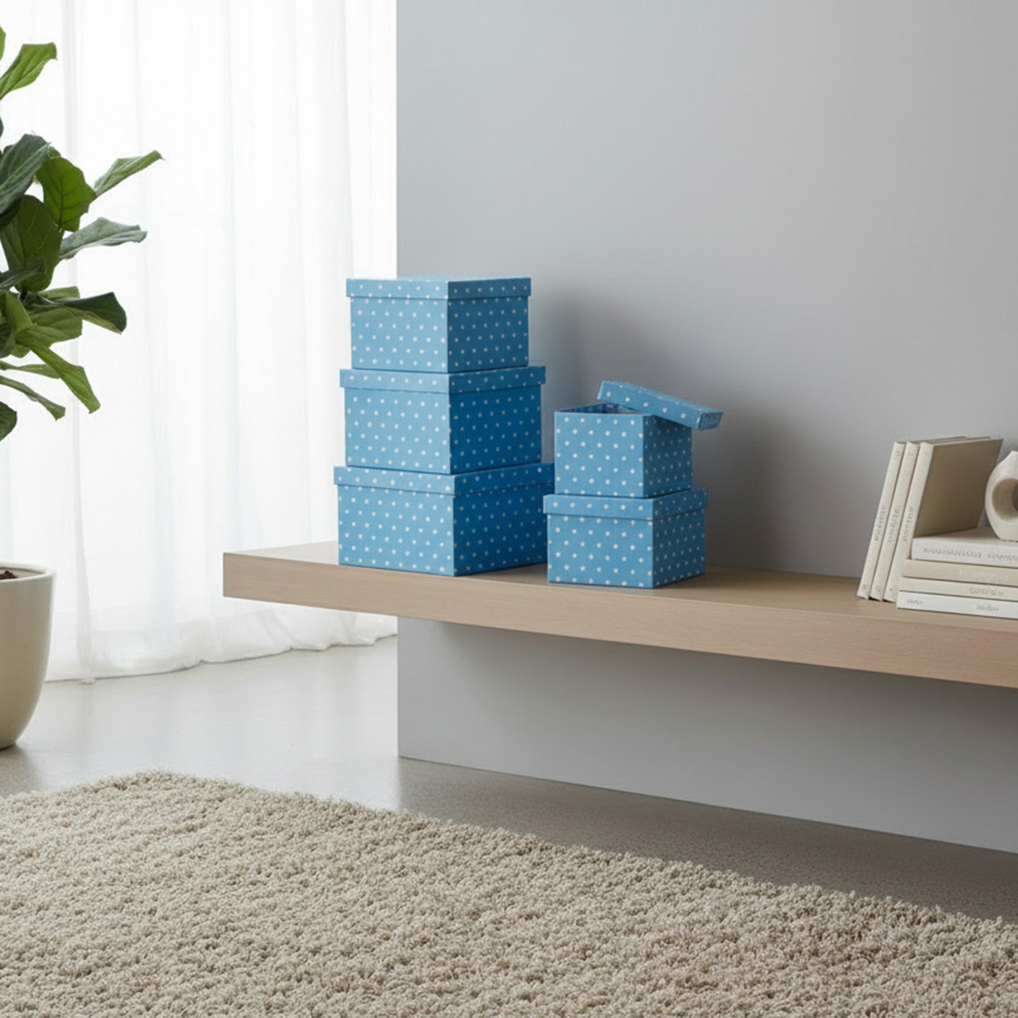 Set of 5 Square Nesting Storage Boxes Featuring Blue Polka Dot Pattern