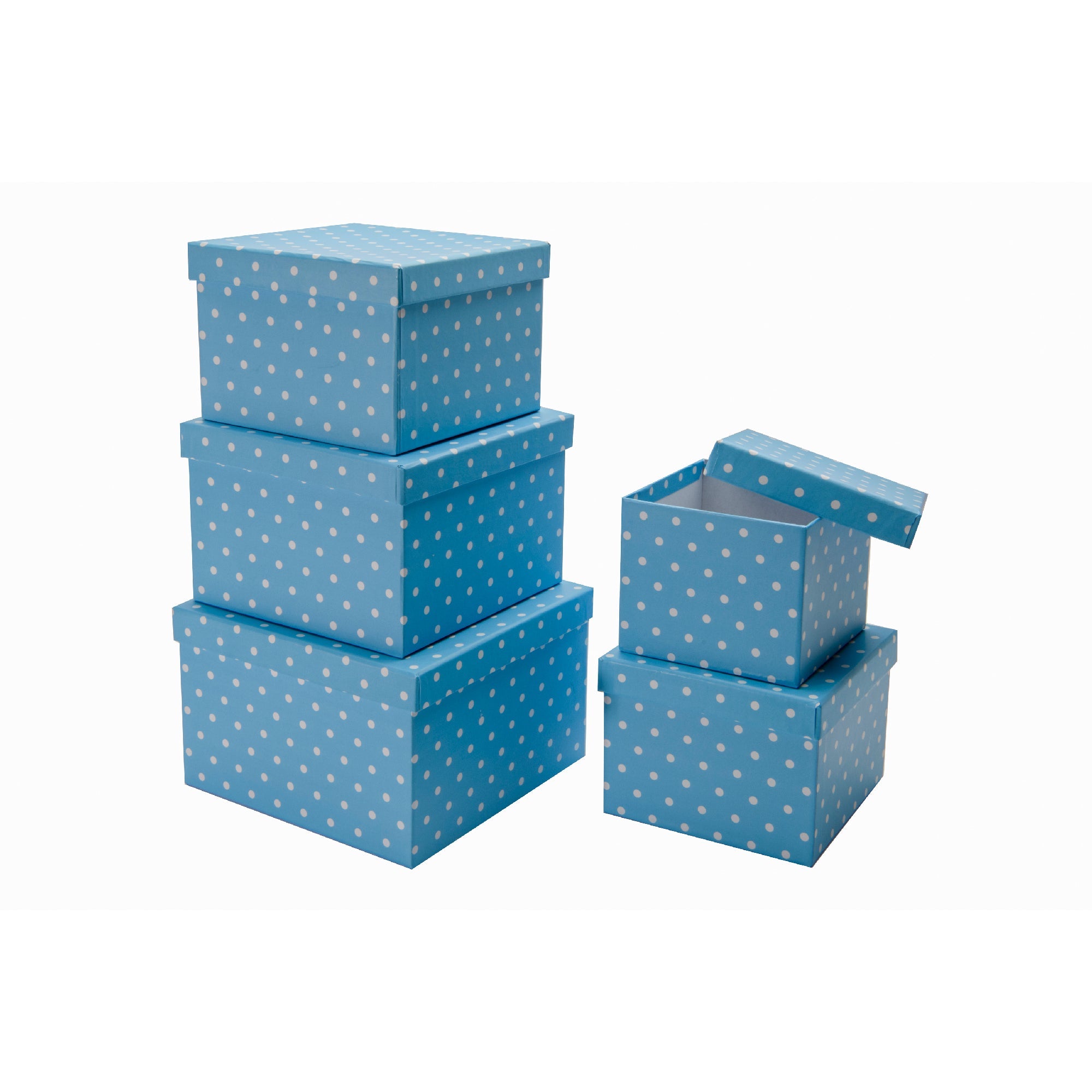 Set of 5 Square Nesting Storage Boxes Featuring Blue Polka Dot Pattern