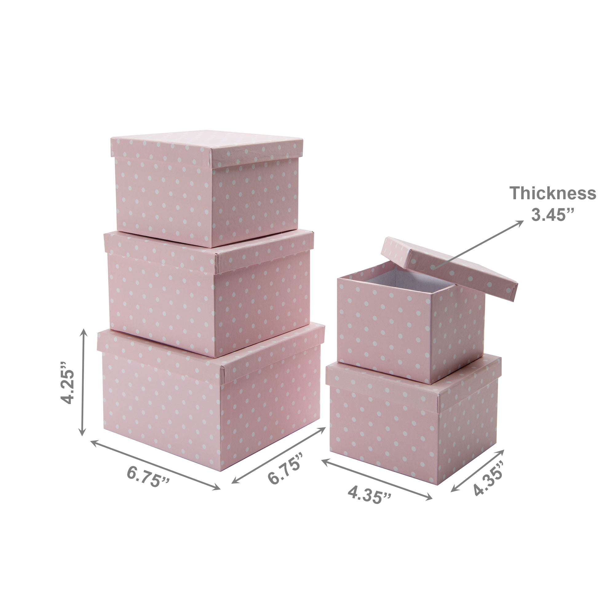 Set of 5 Square Nesting Storage Boxes Featuring Pink Polka Dot Pattern