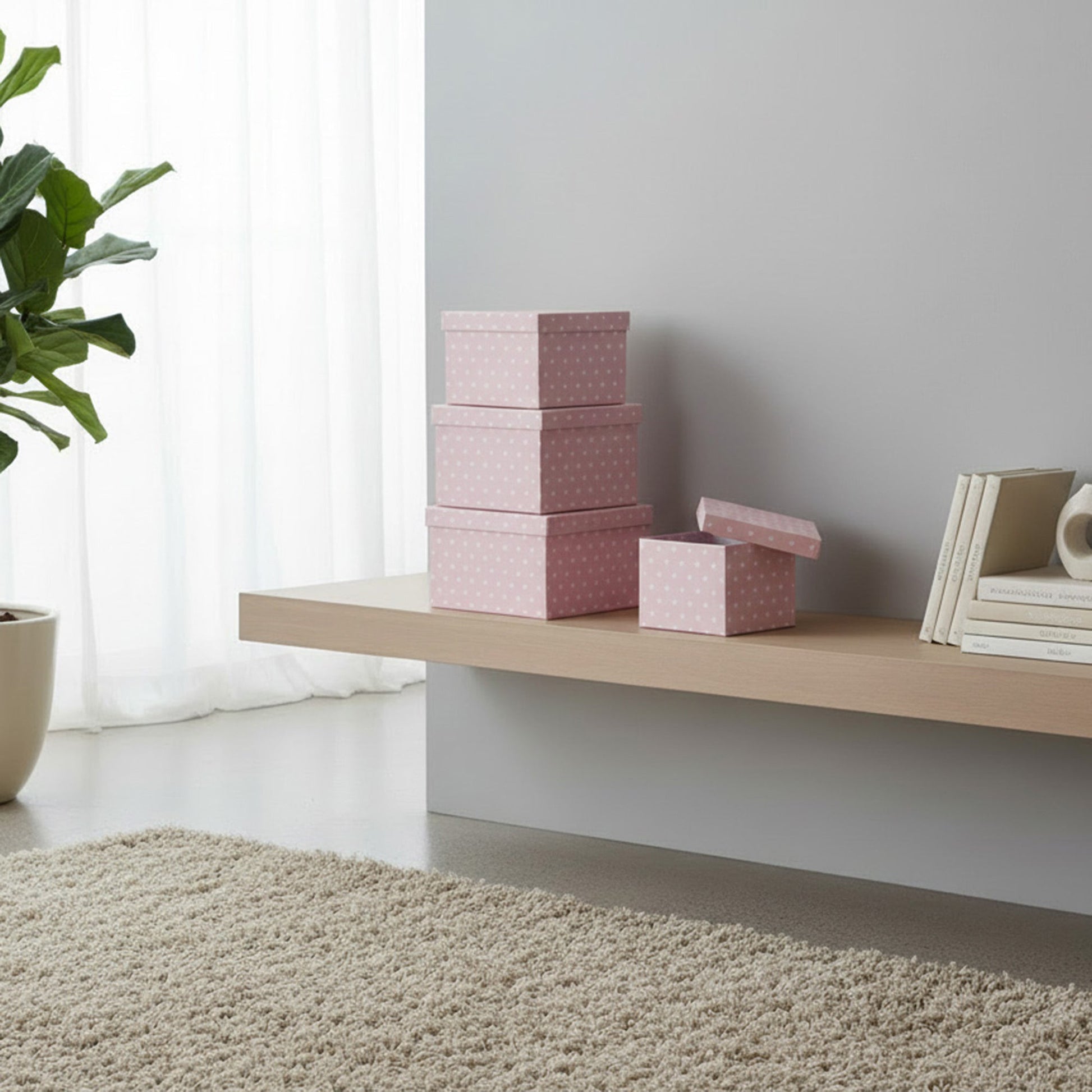 Set of 5 Square Nesting Storage Boxes Featuring Pink Polka Dot Pattern