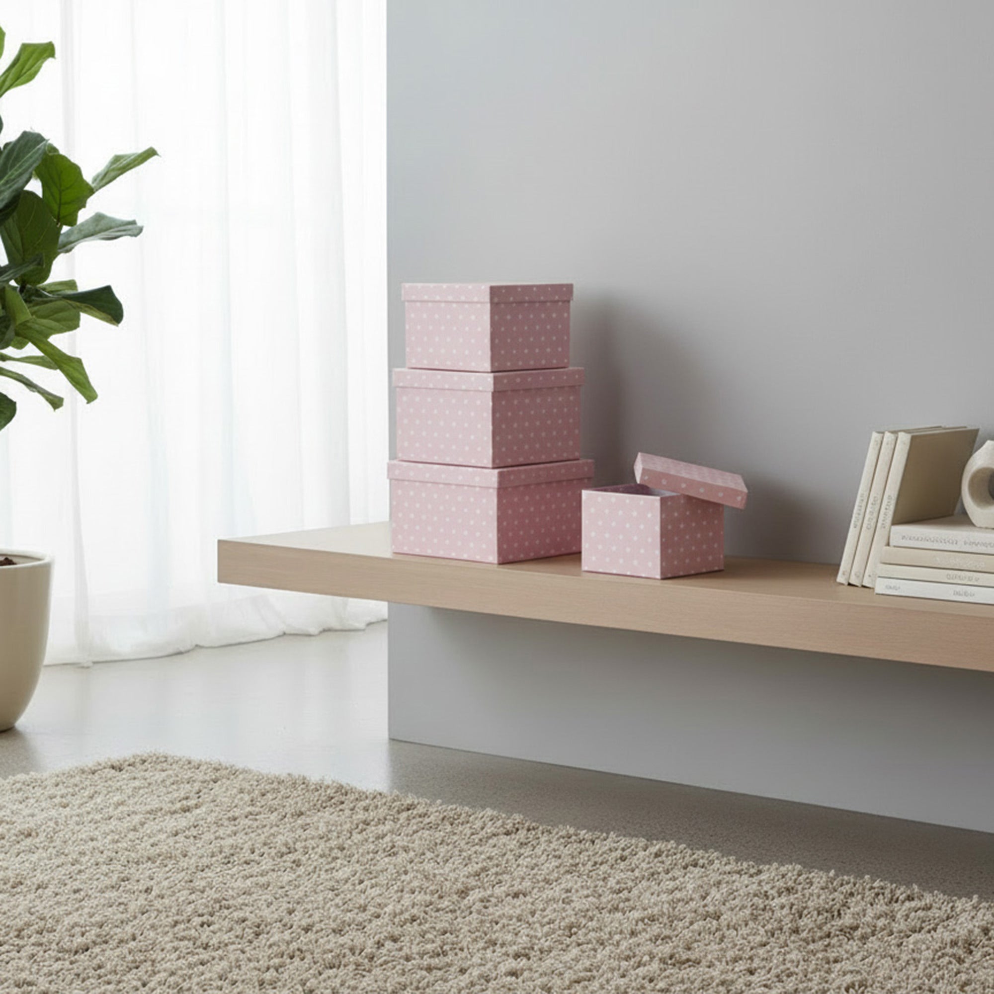 Set of 5 Square Nesting Storage Boxes Featuring Pink Polka Dot Pattern