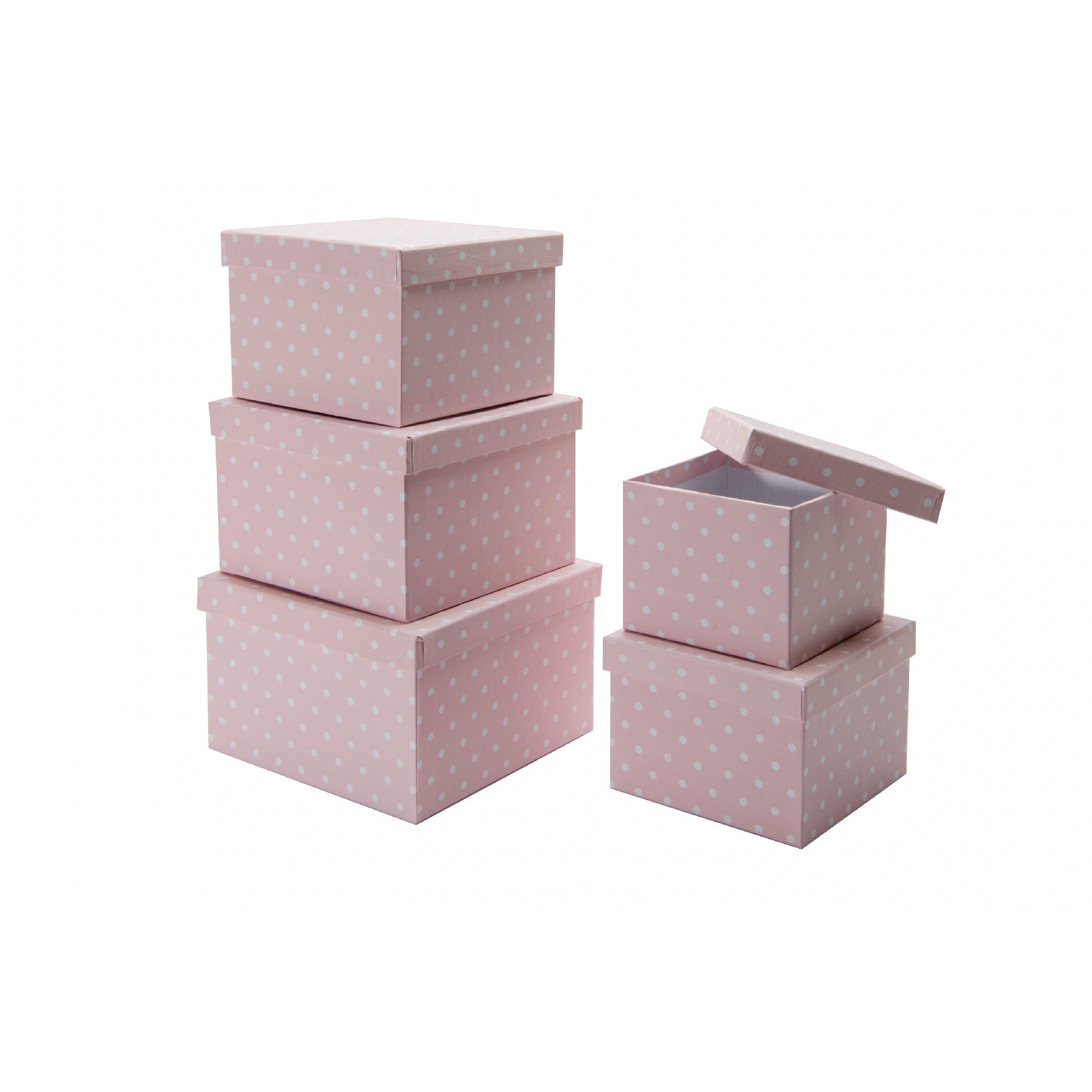 Set of 5 Square Nesting Storage Boxes Featuring Pink Polka Dot Pattern
