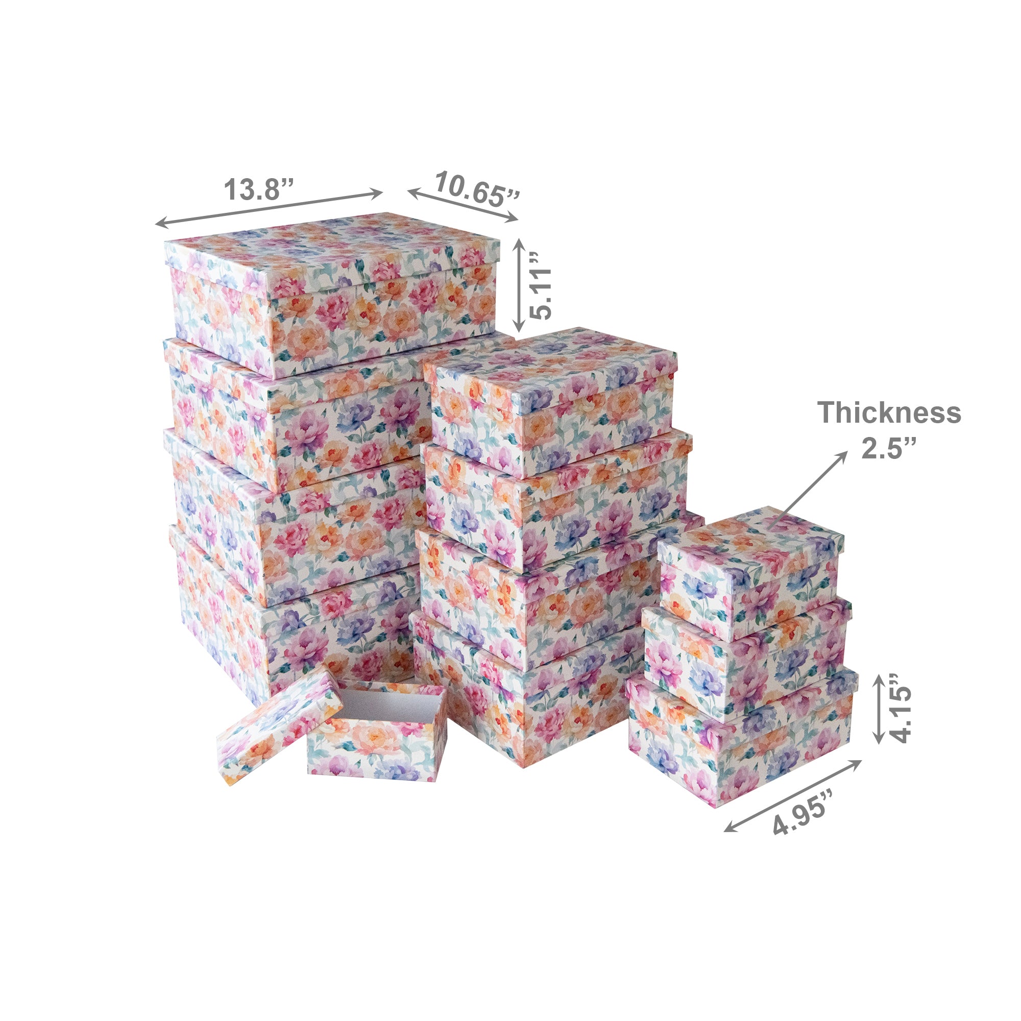 Set of 12 Rectangular Nesting Storage Boxes with Soft Floral Prints