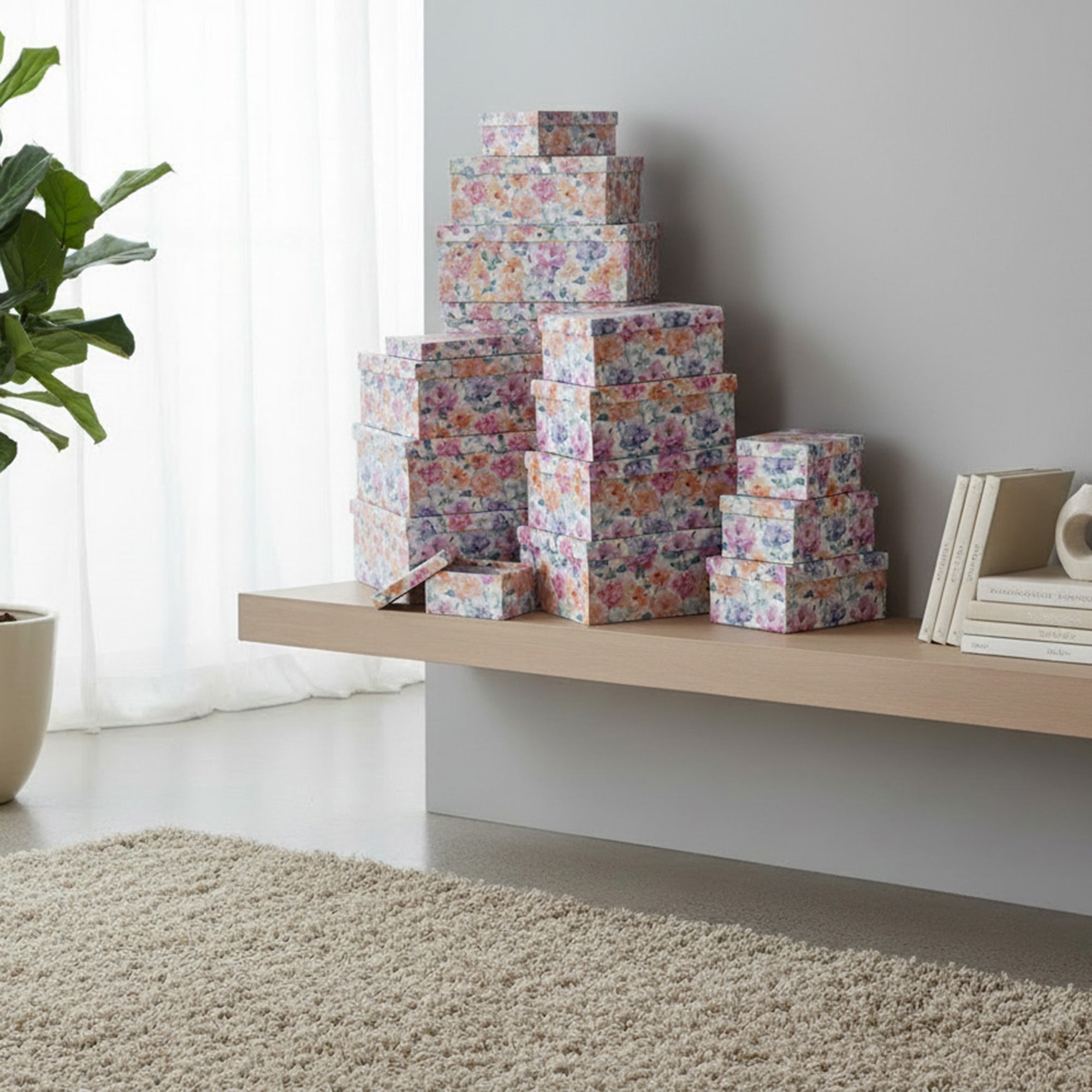 Set of 12 Rectangular Nesting Storage Boxes with Soft Floral Prints