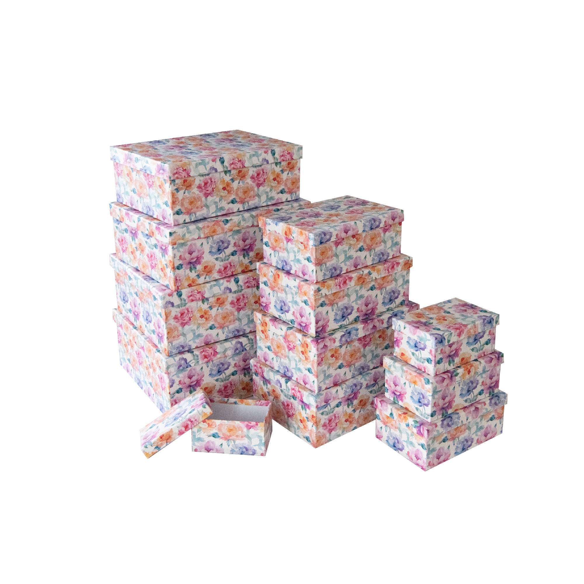 Set of 12 Rectangular Nesting Storage Boxes with Soft Floral Prints