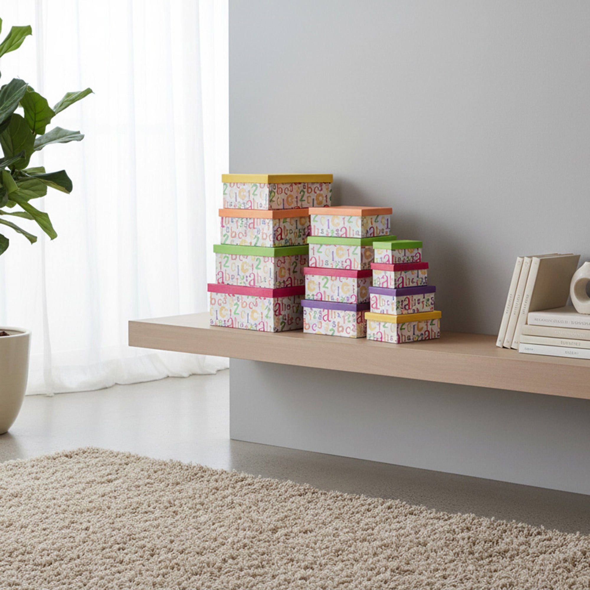 Set of 12 Rectangular Nesting Storage Boxes with Alphabet and Numbers Design