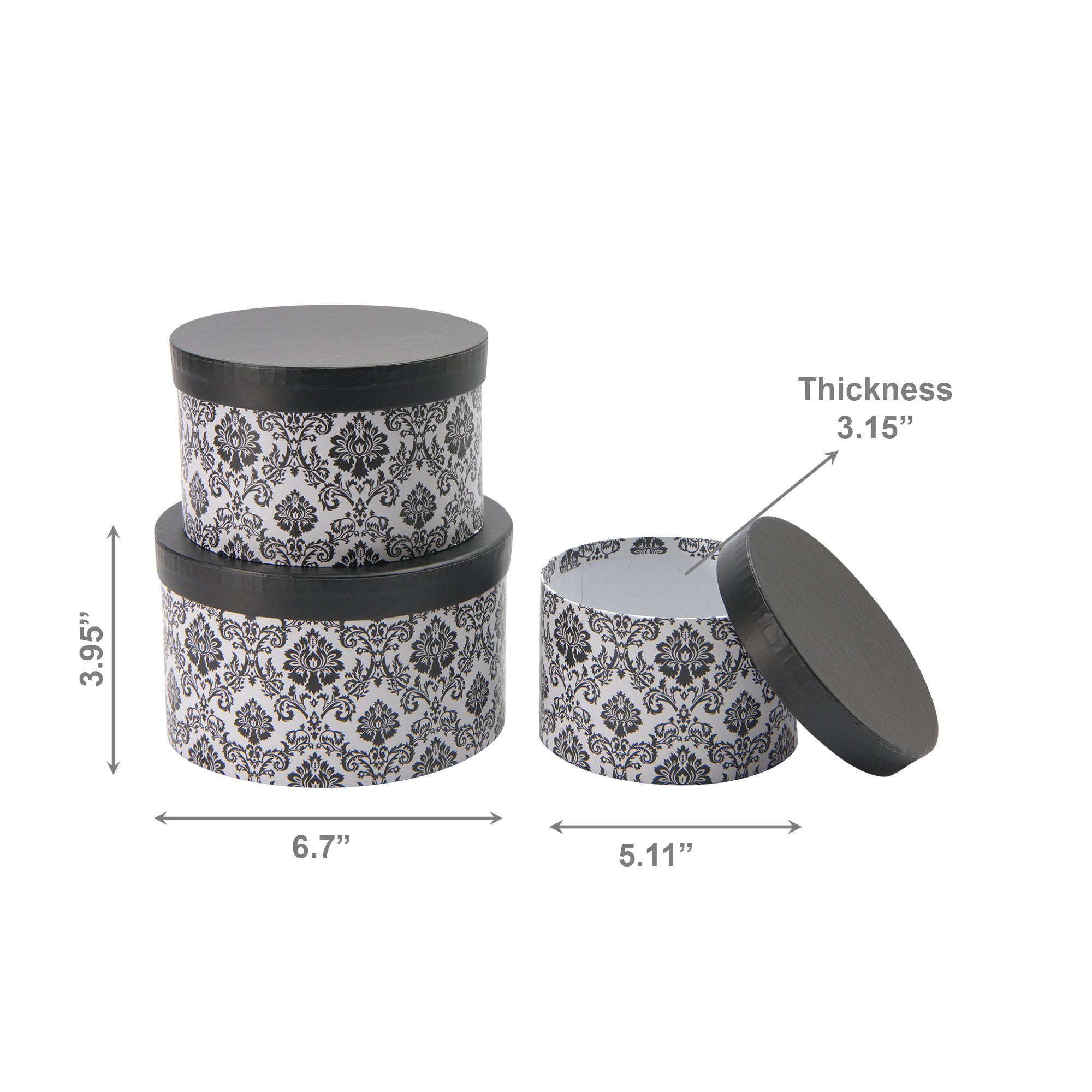 Set of 3 Round Nesting Storage Boxes with Elegant Black Lace Pattern