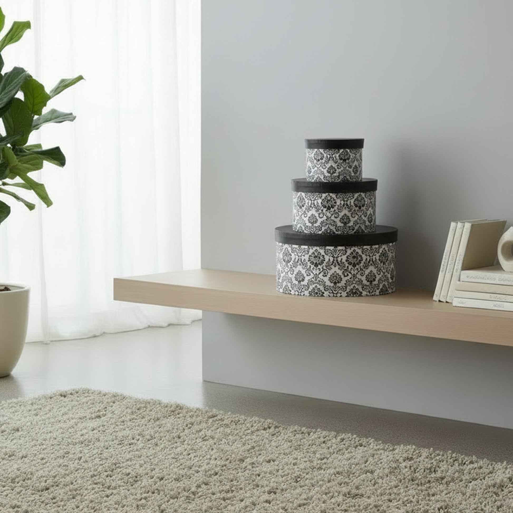 Set of 3 Round Nesting Storage Boxes with Elegant Black Lace Pattern