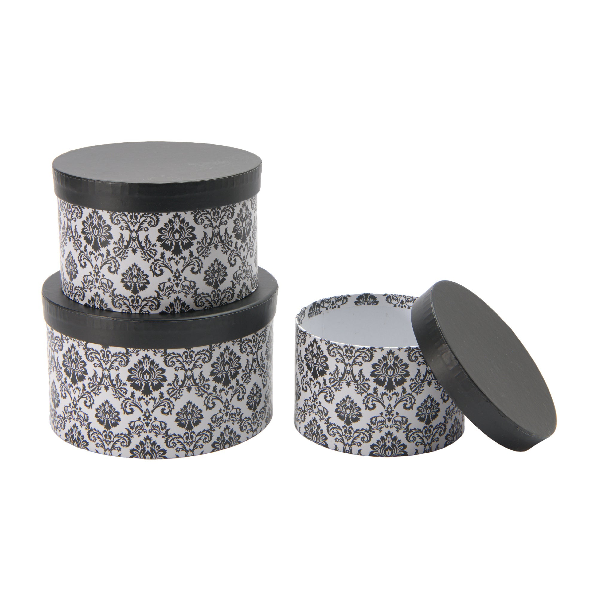 Set of 3 Round Nesting Storage Boxes with Elegant Black Lace Pattern
