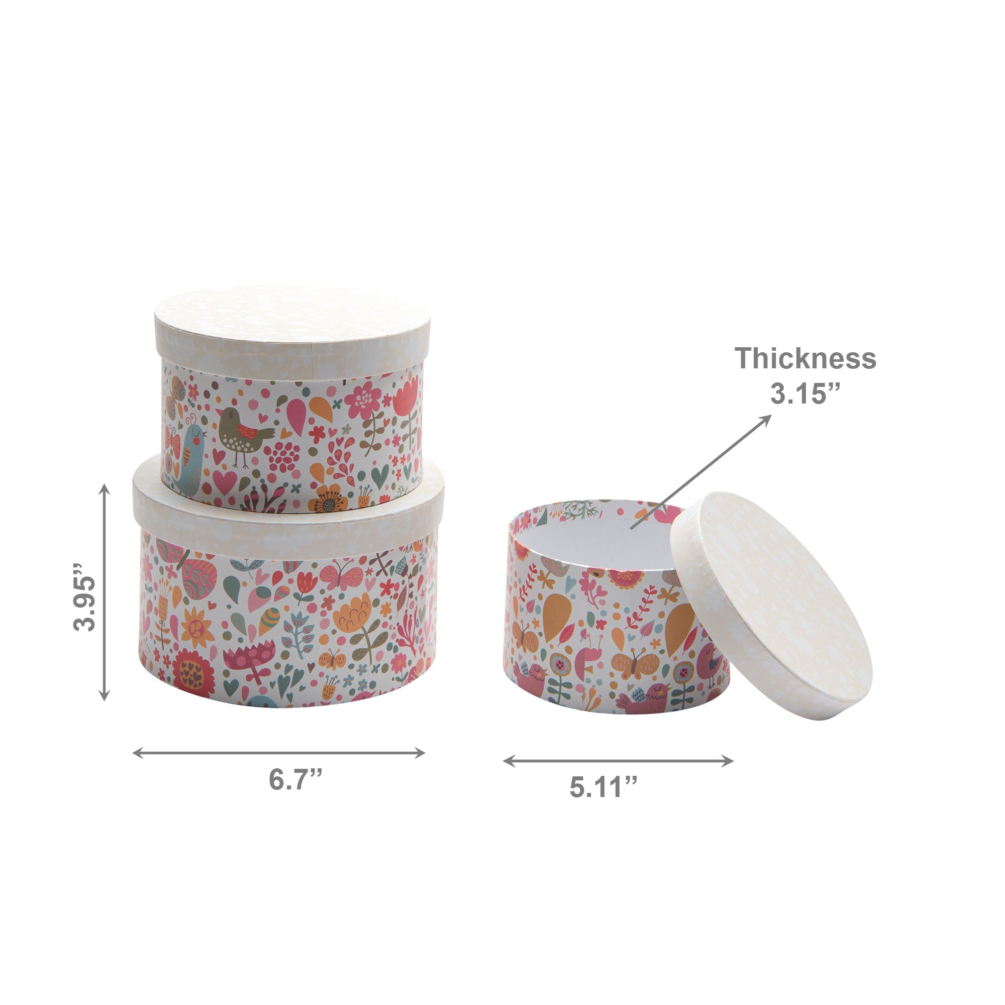 Set of 3 Round Nesting Storage Boxes with Botanical Garden Floral Prints