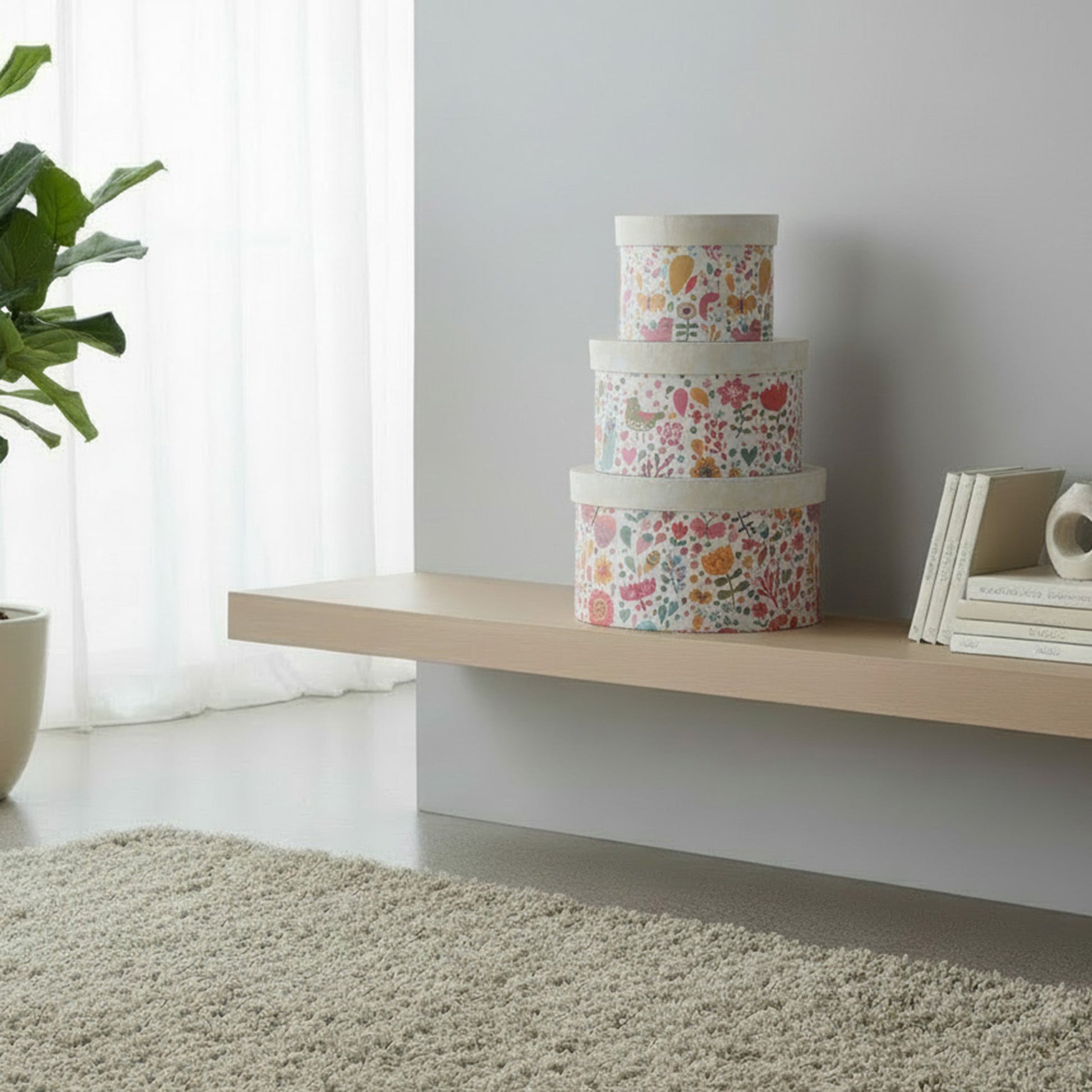 Set of 3 Round Nesting Storage Boxes with Botanical Garden Floral Prints