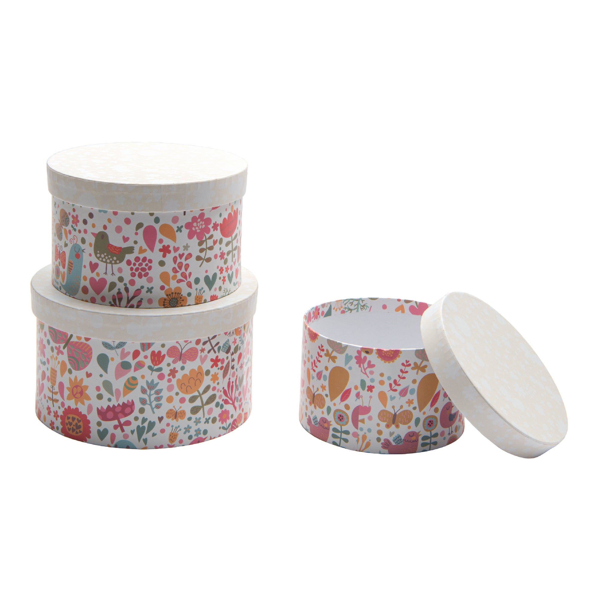 Set of 3 Round Nesting Storage Boxes with Botanical Garden Floral Prints