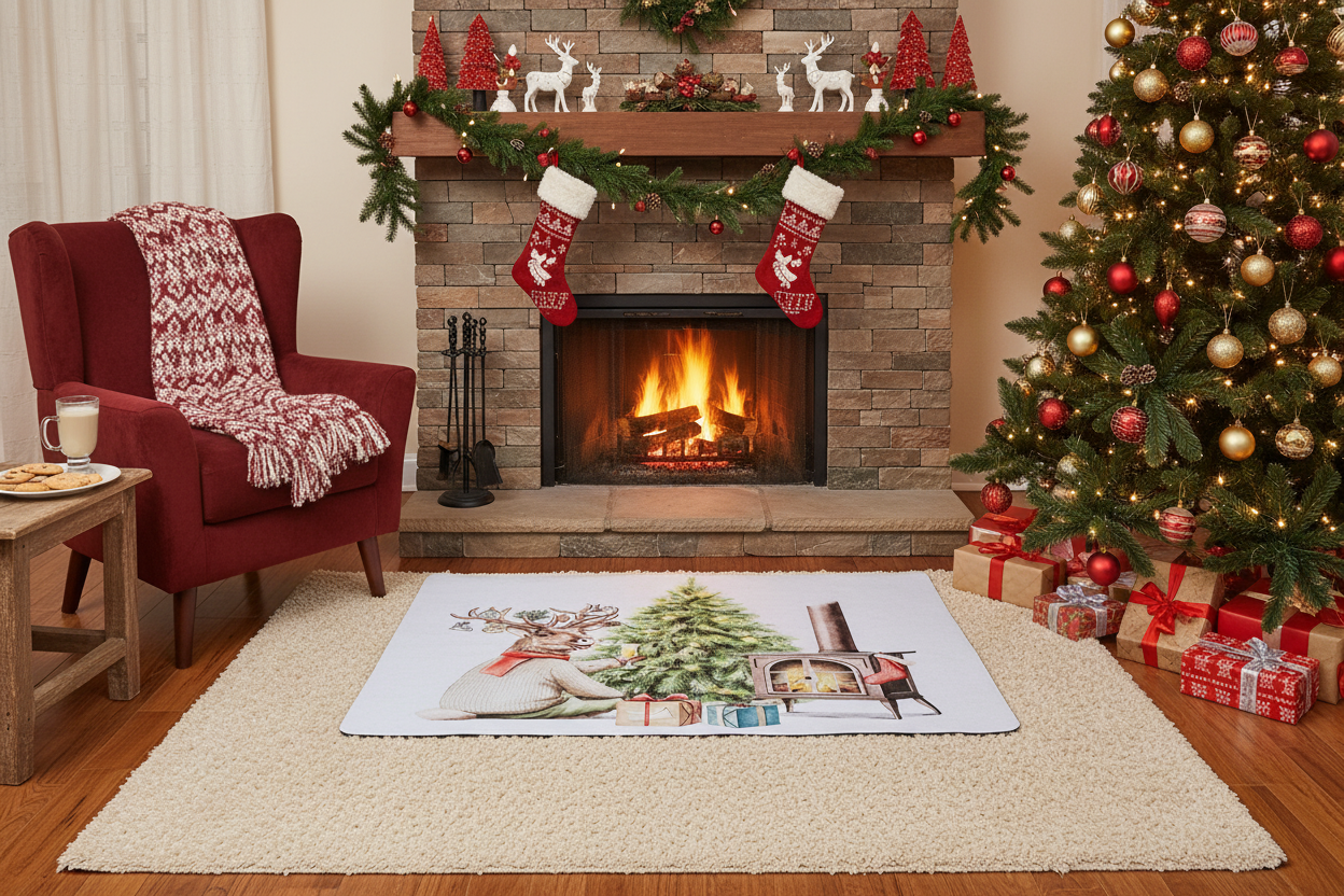 Christmas Fireplace Floor Mat, Printed Rubber Entry Mat, Holiday Floor Decor