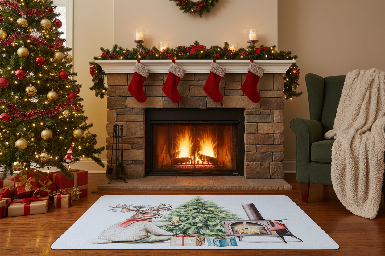 Christmas Fireplace Floor Mat, Printed Rubber Entry Mat, Holiday Floor Decor