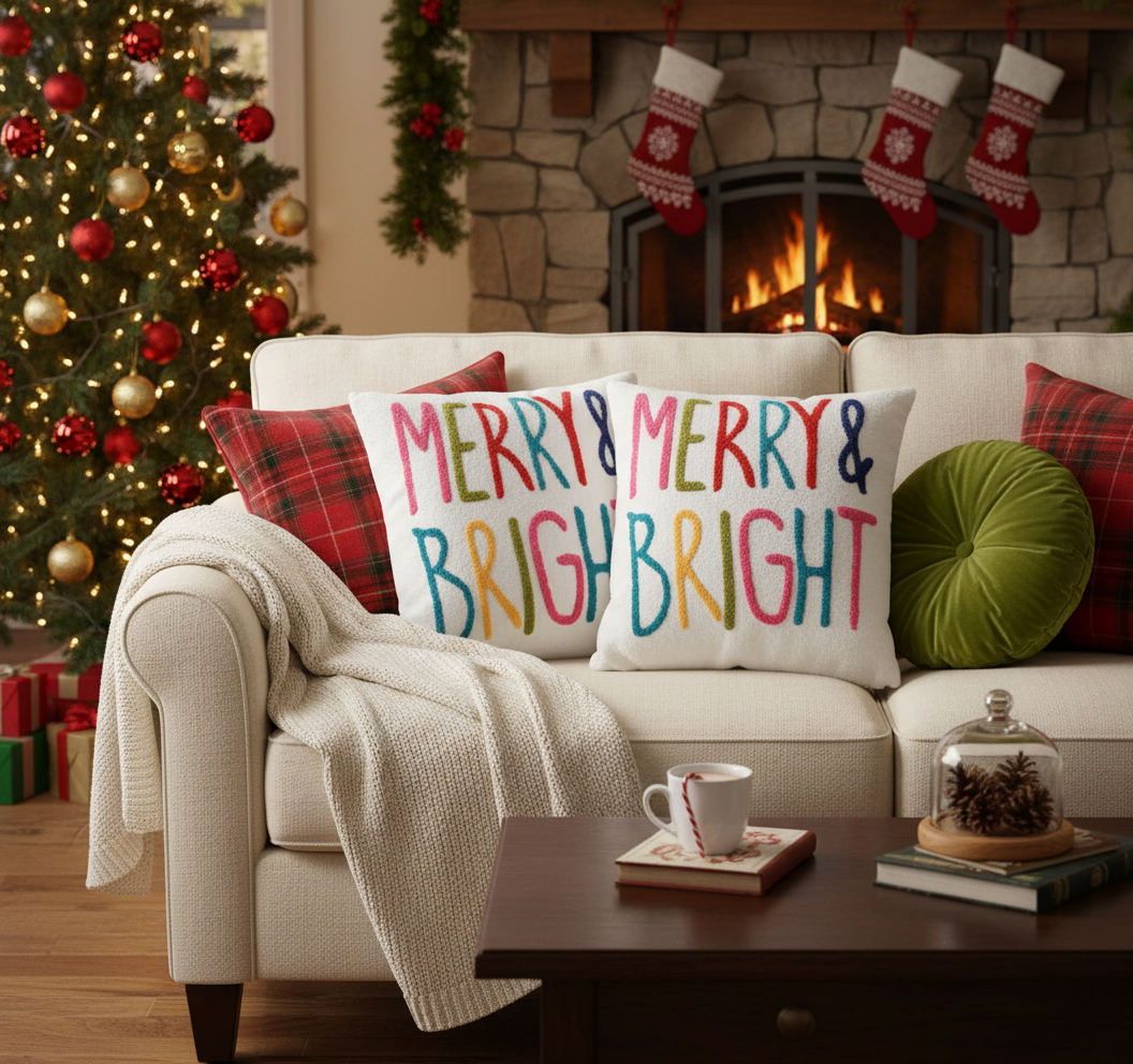 Polyester Embroidered Merry and Bright Cushion with 380 Gram Filler - Set of 2, Holiday Pillow, Christmas Home Accent, Festive Throw Pillow
