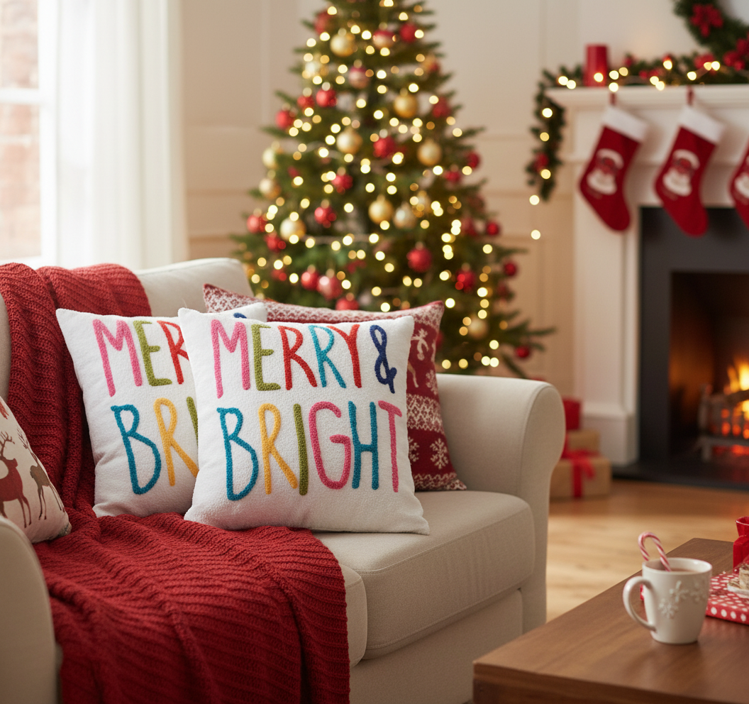 Polyester Embroidered Merry and Bright Cushion with 380 Gram Filler - Set of 2, Holiday Pillow, Christmas Home Accent, Festive Throw Pillow