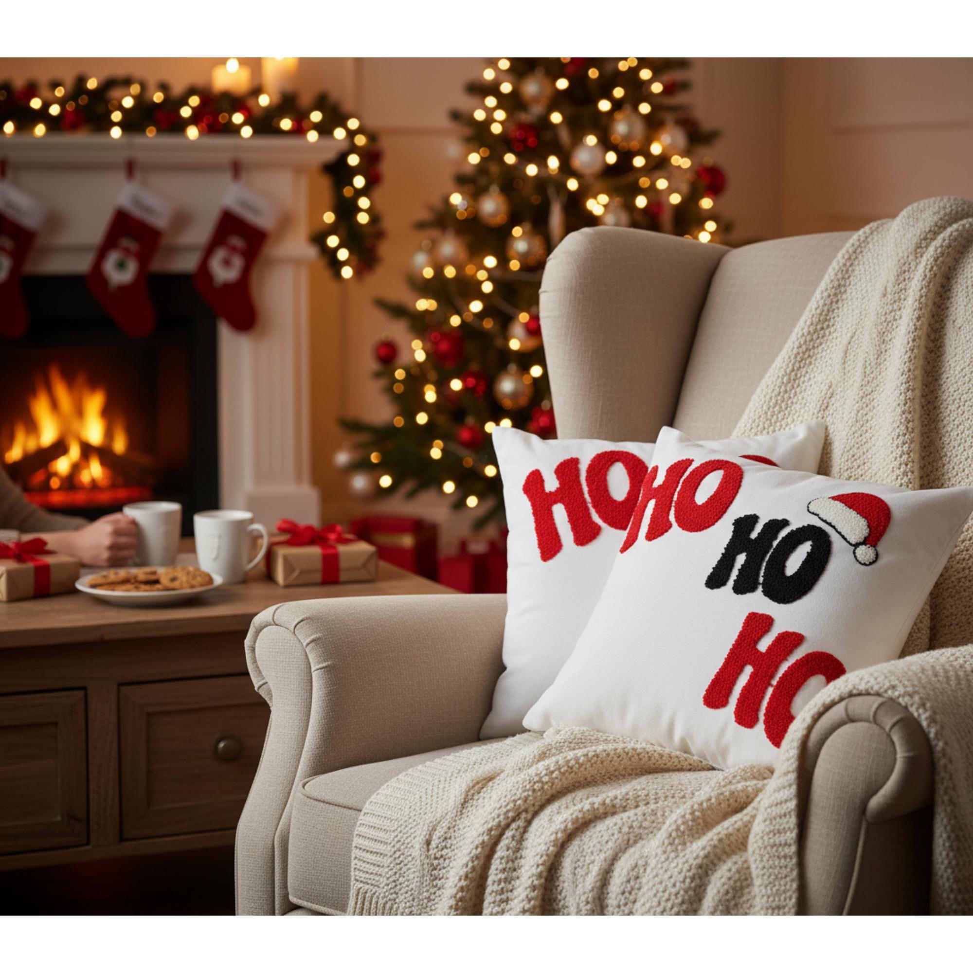 Cotton Embroidered Ho Ho Ho Cushion with 380 Gram Filler - Set of 2, Christmas Pillow, Holiday Decor, Festive Accent