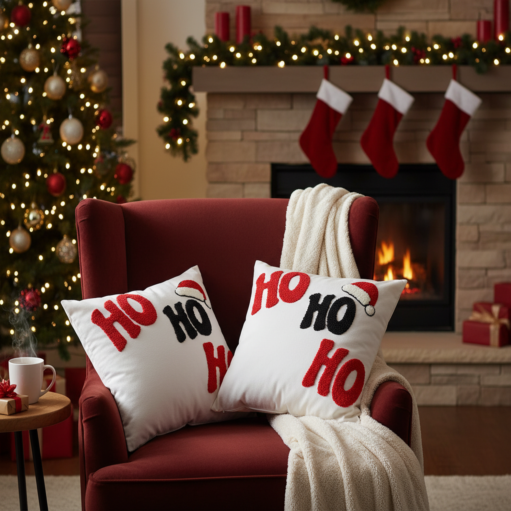 Cotton Embroidered Ho Ho Ho Cushion with 380 Gram Filler - Set of 2, Christmas Pillow, Holiday Decor, Festive Accent