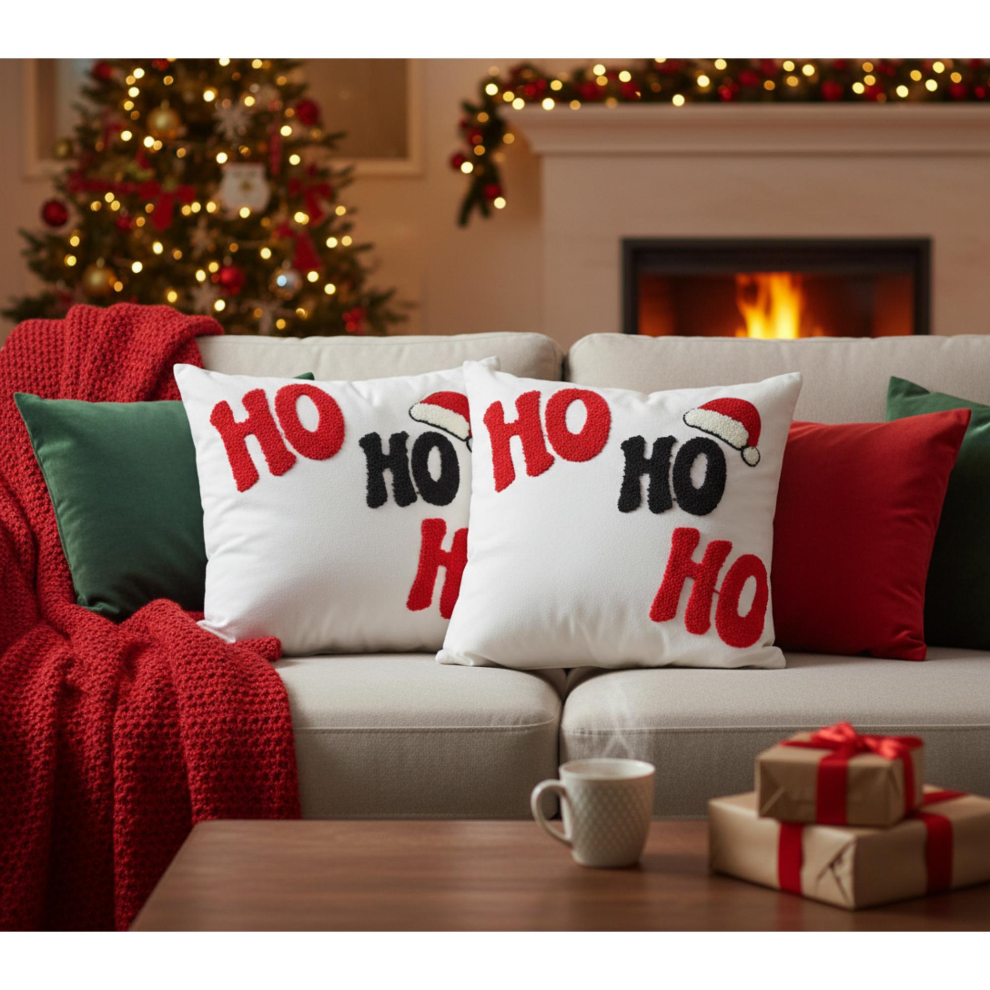 Cotton Embroidered Ho Ho Ho Cushion with 380 Gram Filler - Set of 2, Christmas Pillow, Holiday Decor, Festive Accent