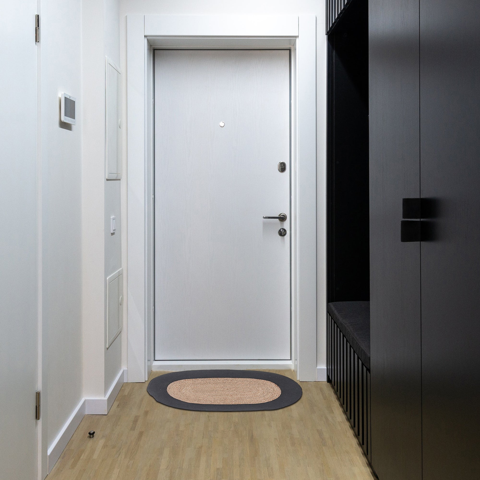 Oval Braided Jute Mat With Black Cotton Border 24x36 Inch, Natural Fiber Rug, Entryway Floor Mat