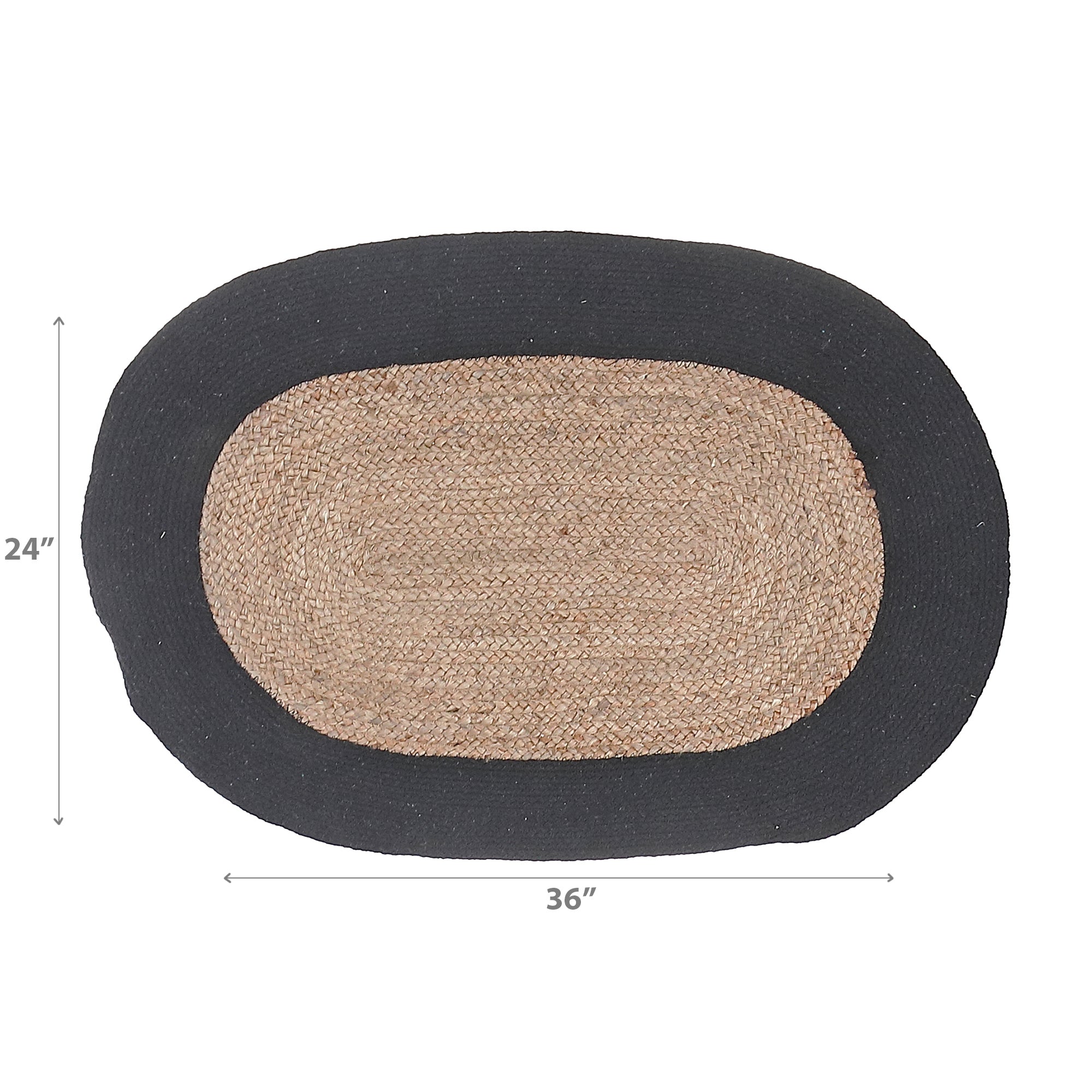 Oval Braided Jute Mat With Black Cotton Border 24x36 Inch, Natural Fiber Rug, Entryway Floor Mat